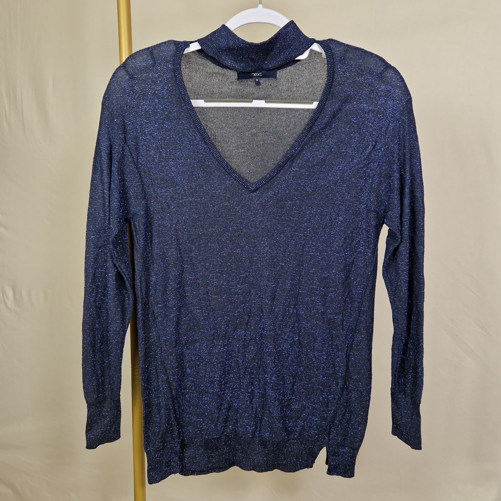Next Womens Jumper Blue Glitter Tight Knit V Neck Long Sleeve Mid weight UK 10