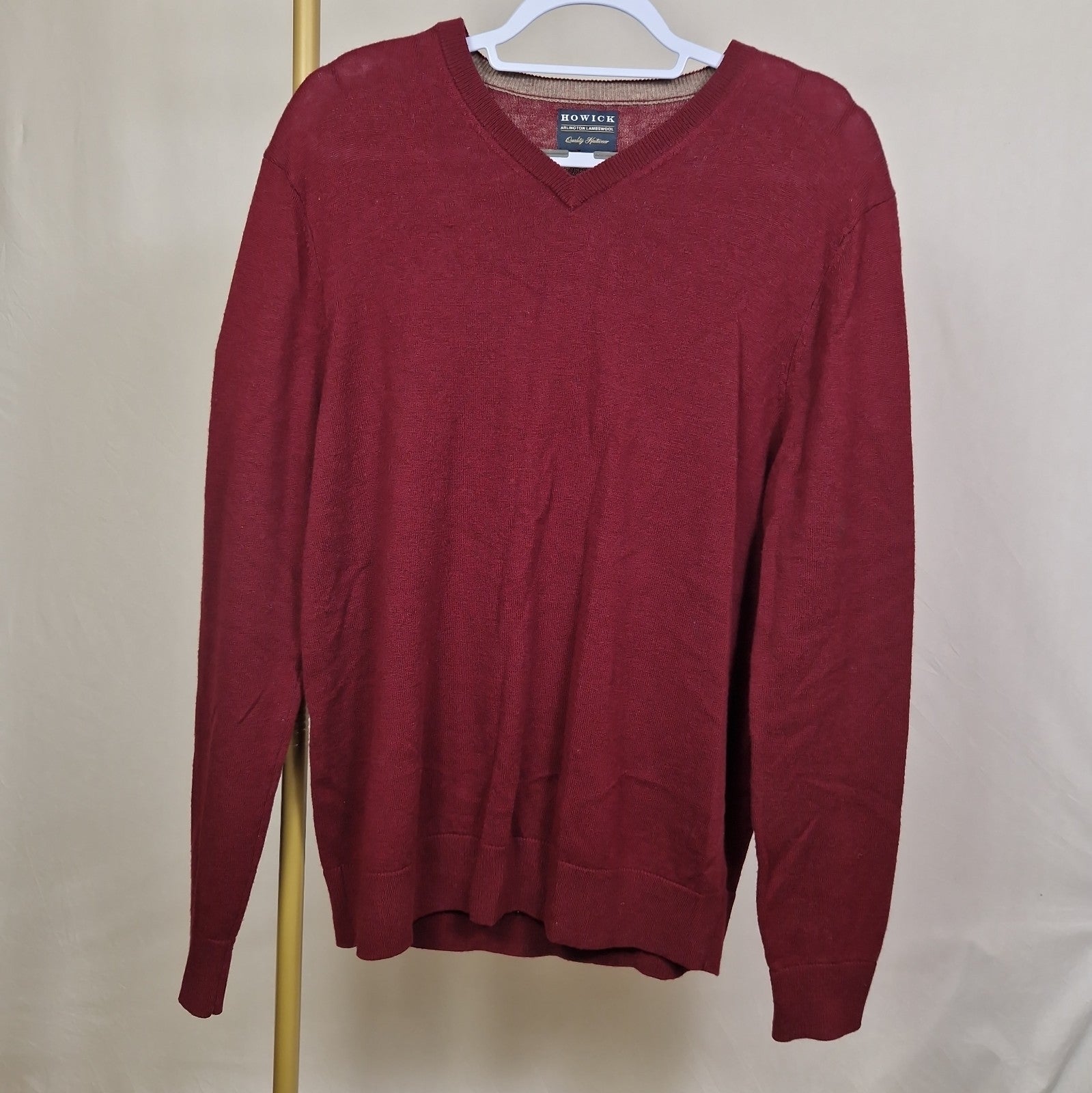 Howick Mens Jumper Red Lambswool Tight Knit V Neck L Sleeve Lightweight UK L