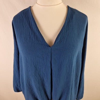 Blue Vanilla Womens Blouse V Neck Tie Front Long Sleeve Blue UK M/L