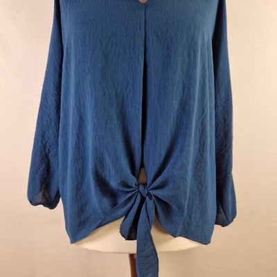 Blue Vanilla Womens Blouse V Neck Tie Front Long Sleeve Blue UK M/L