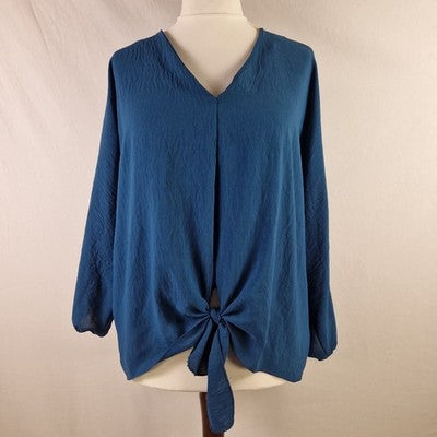 Blue Vanilla Womens Blouse V Neck Tie Front Long Sleeve Blue UK M/L