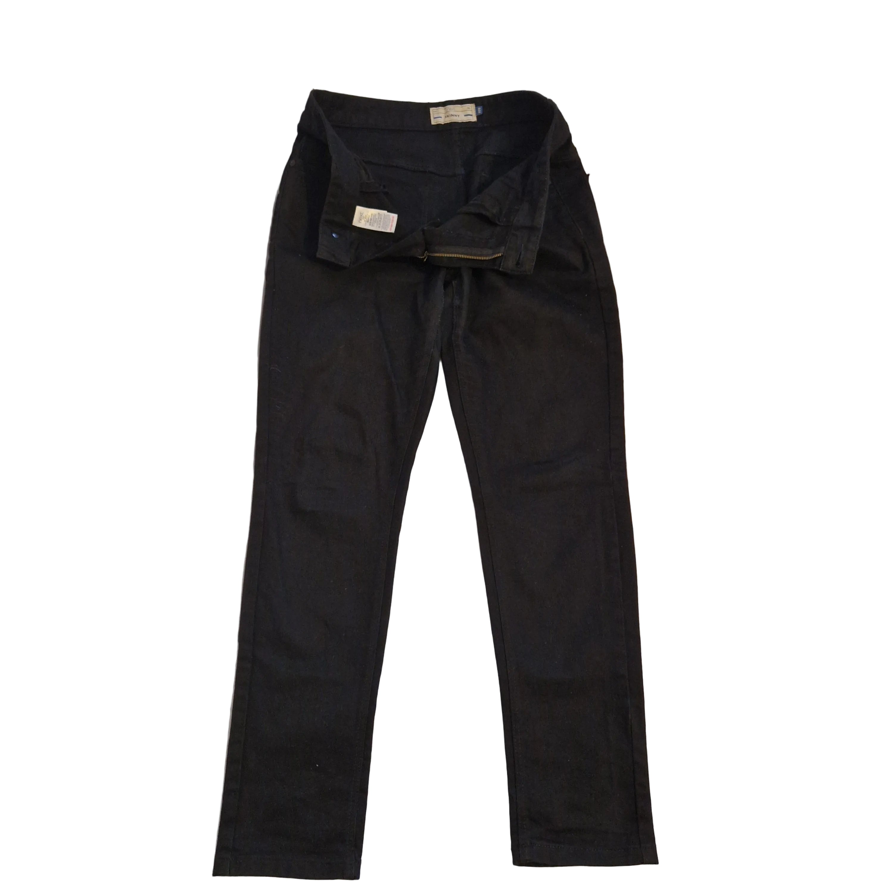 A pair of black NEXT skinny fit stretch denim jeans with a mid-rise waist and zip fastening.
