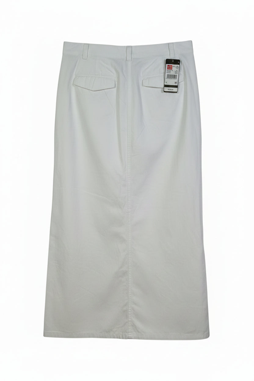 A white UNIQLO cotton twill midi skirt with an A-line silhouette and back pockets.