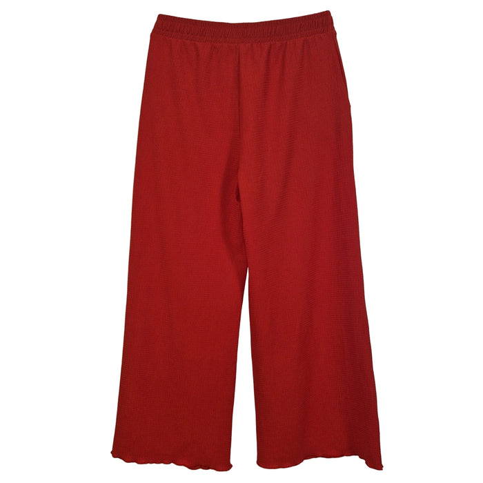 Unbranded women's red wide-leg trousers with an elasticated waist and scalloped hem.