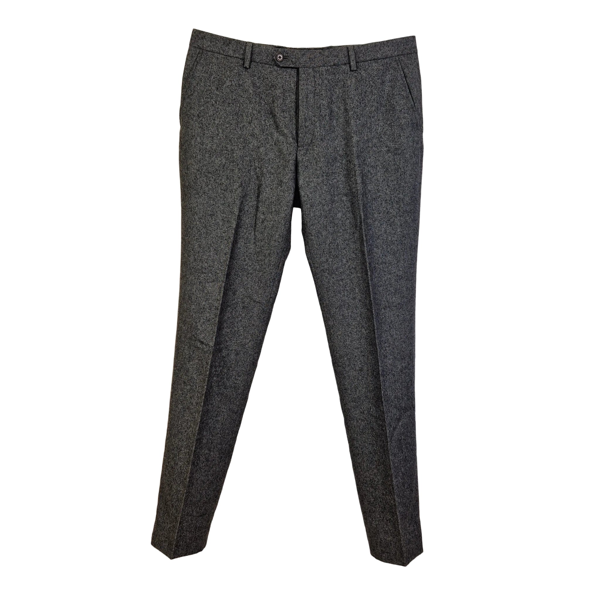 A pair of grey wool blend formal trousers with a classic fit and flat front design.