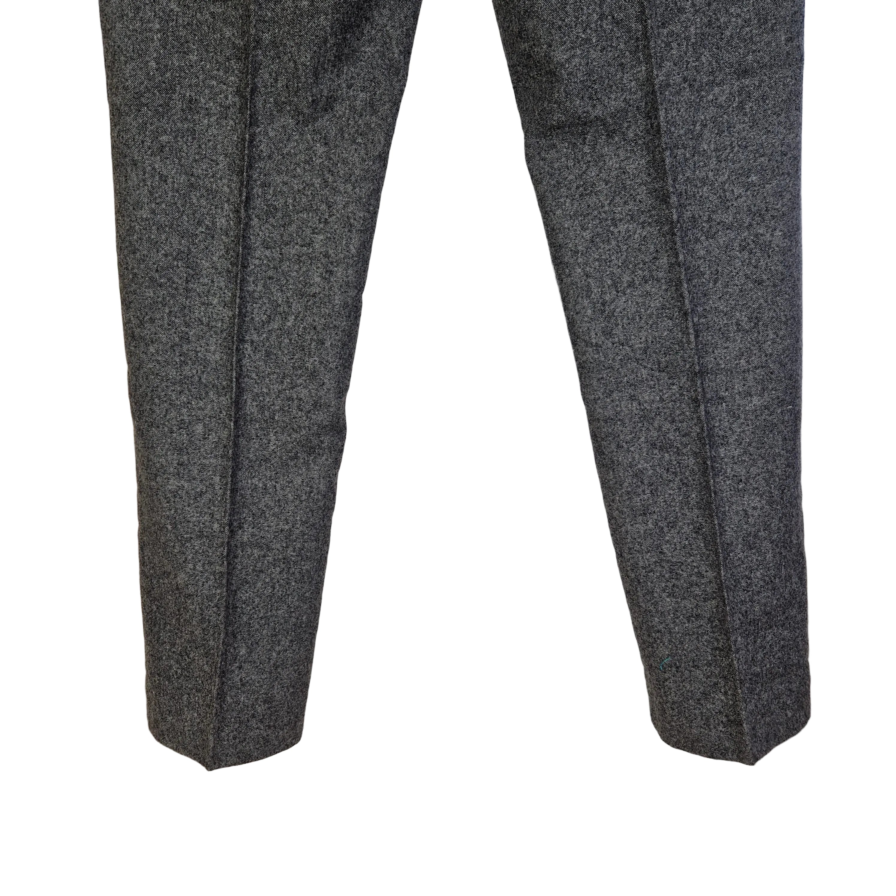 A pair of grey wool blend formal trousers with a classic straight leg fit.