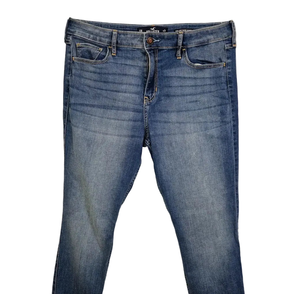 Hollister high-rise super skinny blue denim jeans with a zip fly and five-pocket design.
