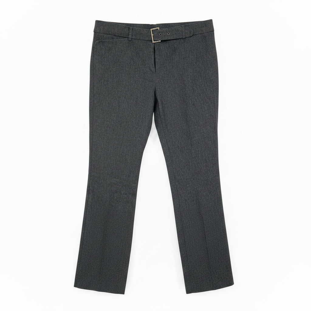 New Look dark grey straight leg work trousers with a mid-rise waist and buckle fastening.