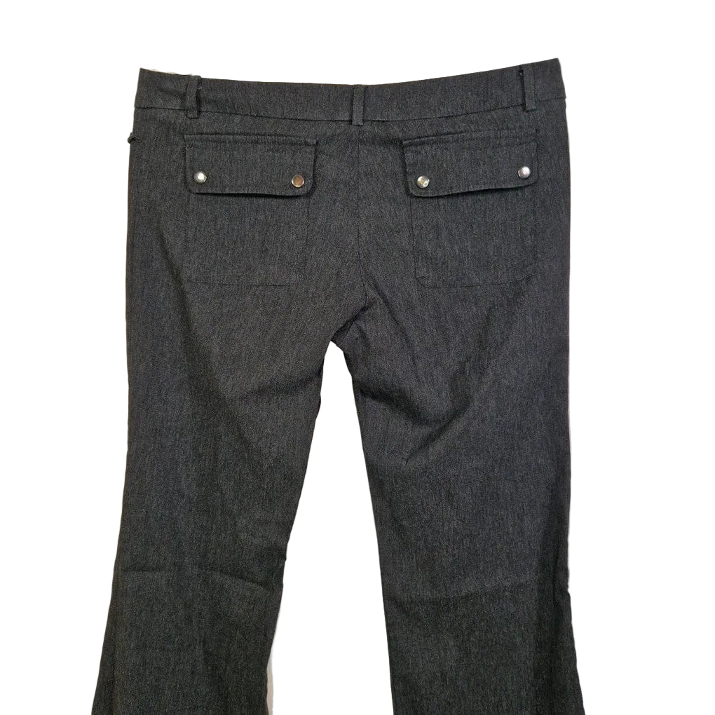 New Look dark grey straight leg work trousers with back flap pockets and silver button details.