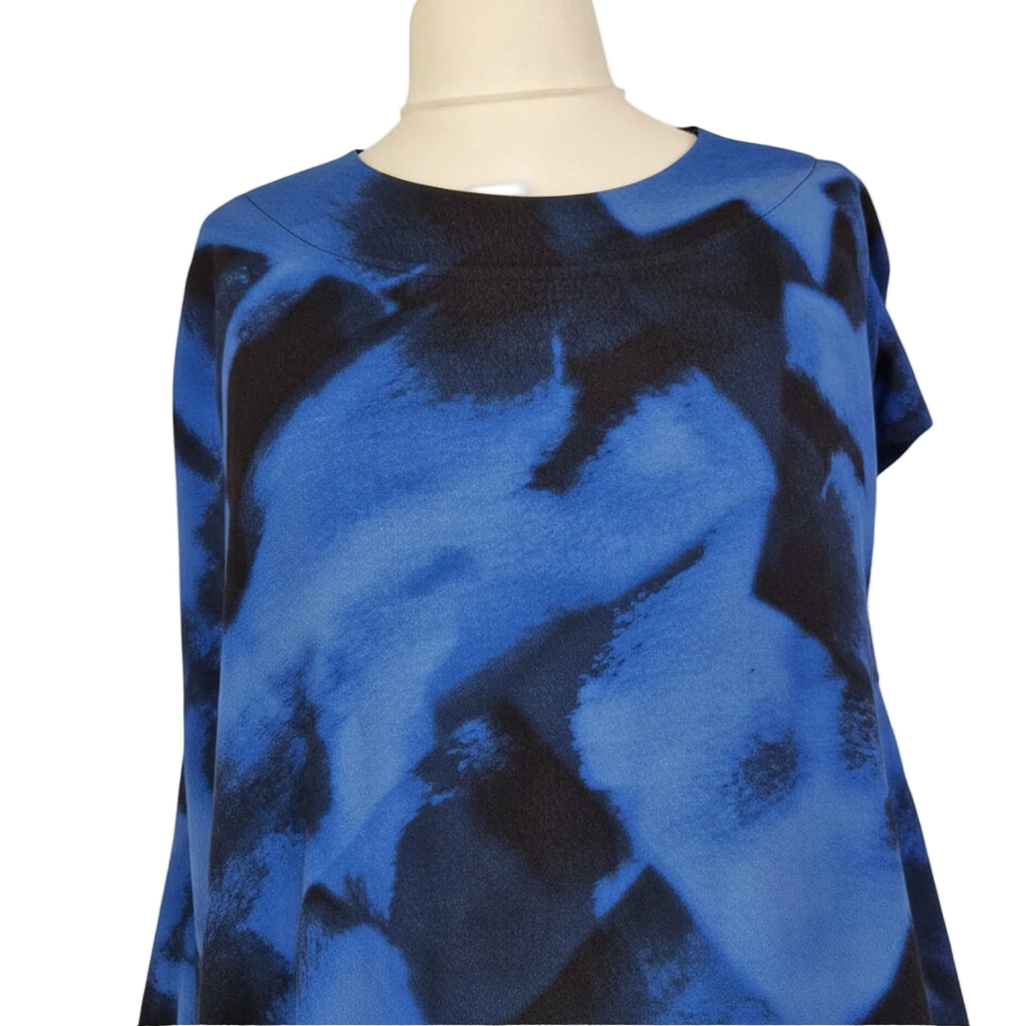 A blue and black abstract print tunic by Kin by John Lewis with a round neck and short sleeves.