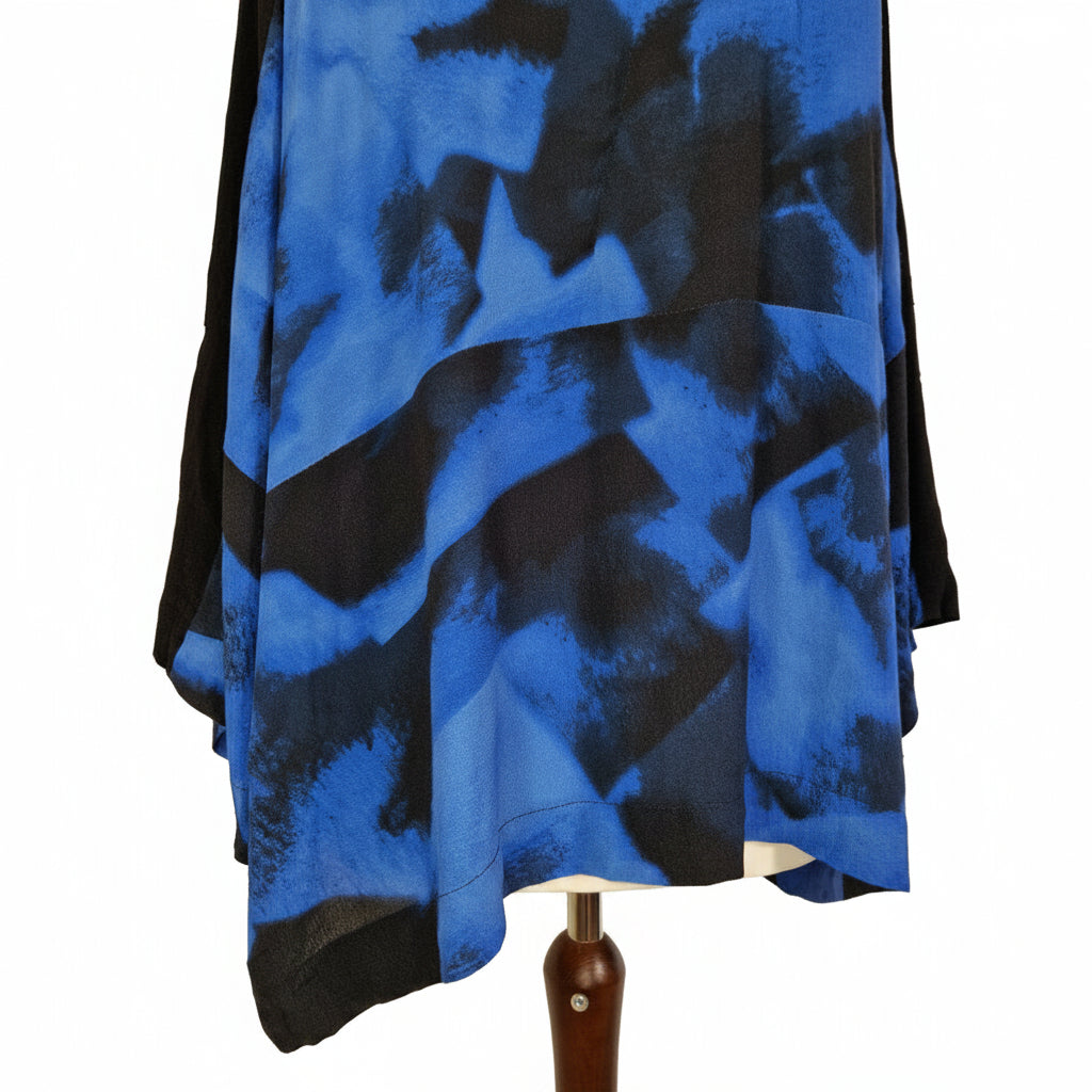 Kin by John Lewis blue and black abstract print tunic with a relaxed fit on a mannequin.