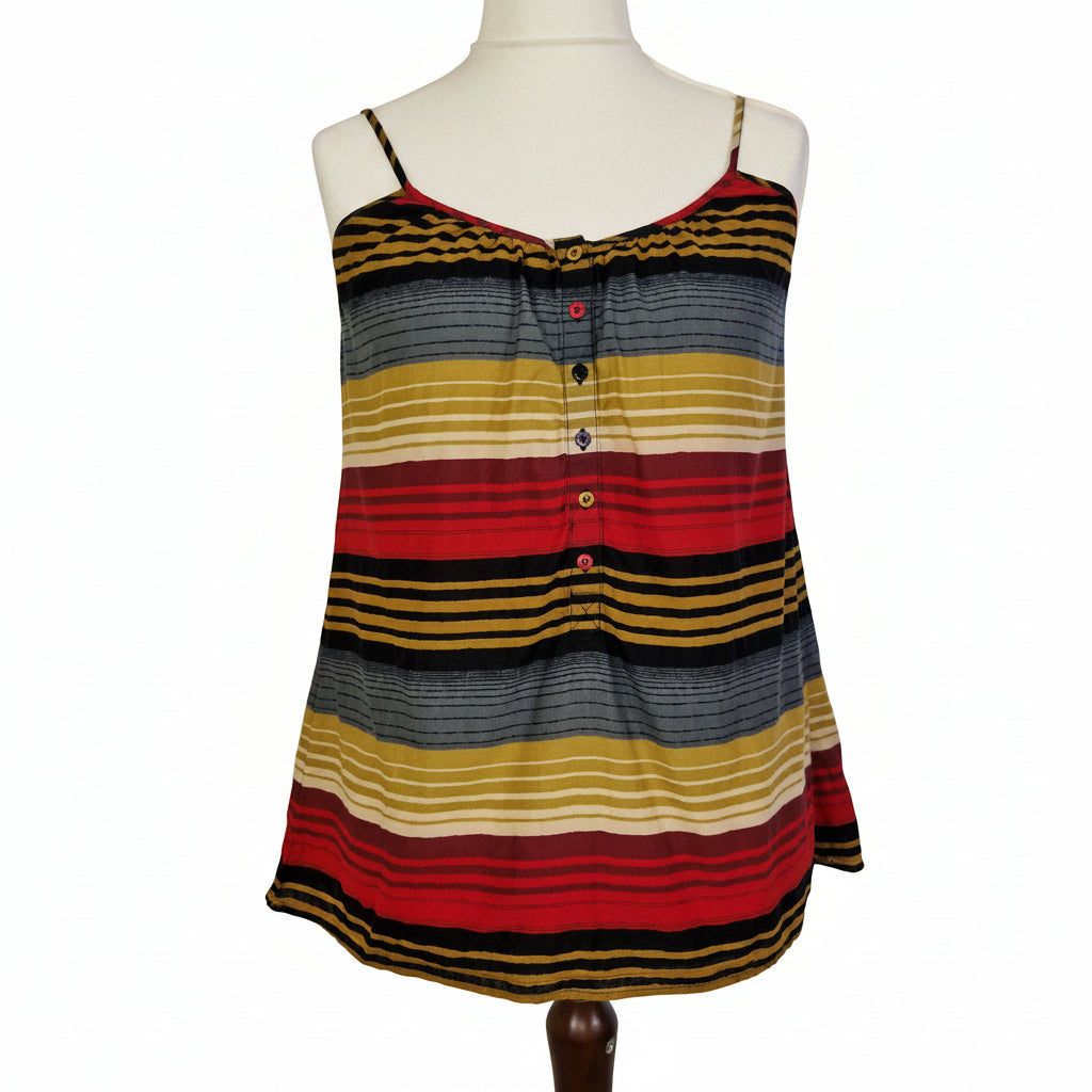 French Connection women's sleeveless cami top featuring a multicolour striped pattern and buttons.