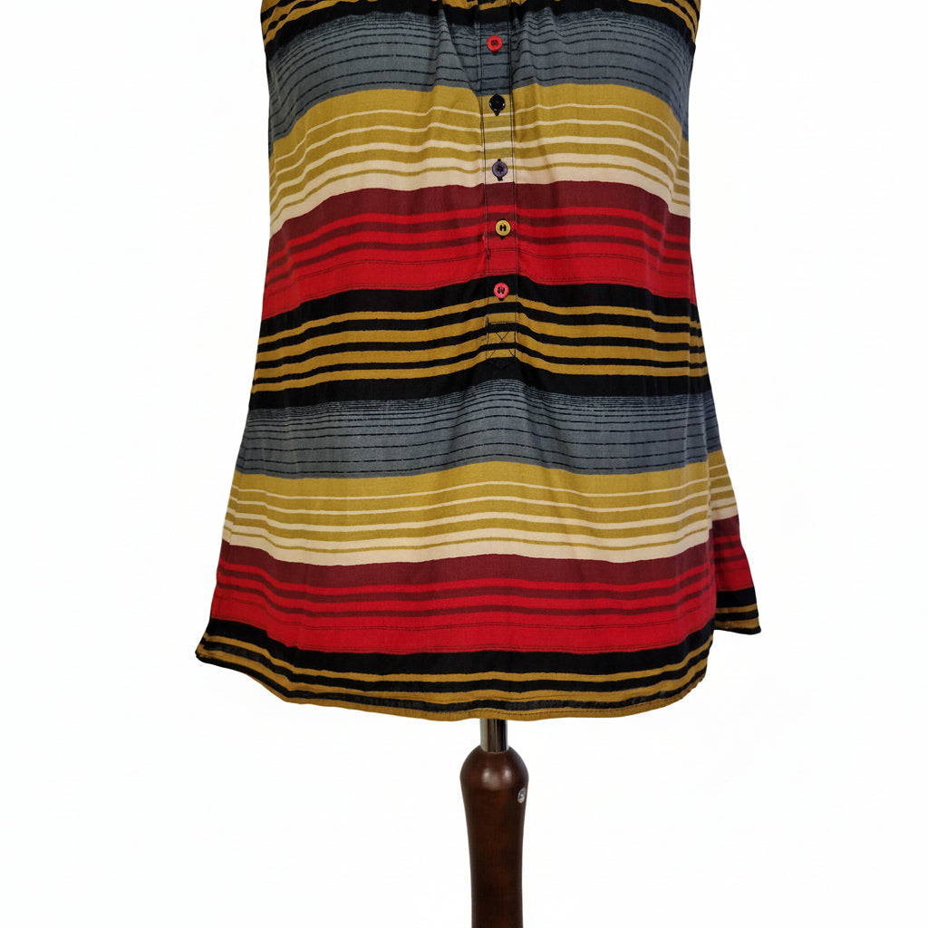 French Connection sleeveless cami top featuring a multicolour striped pattern and button-down front.