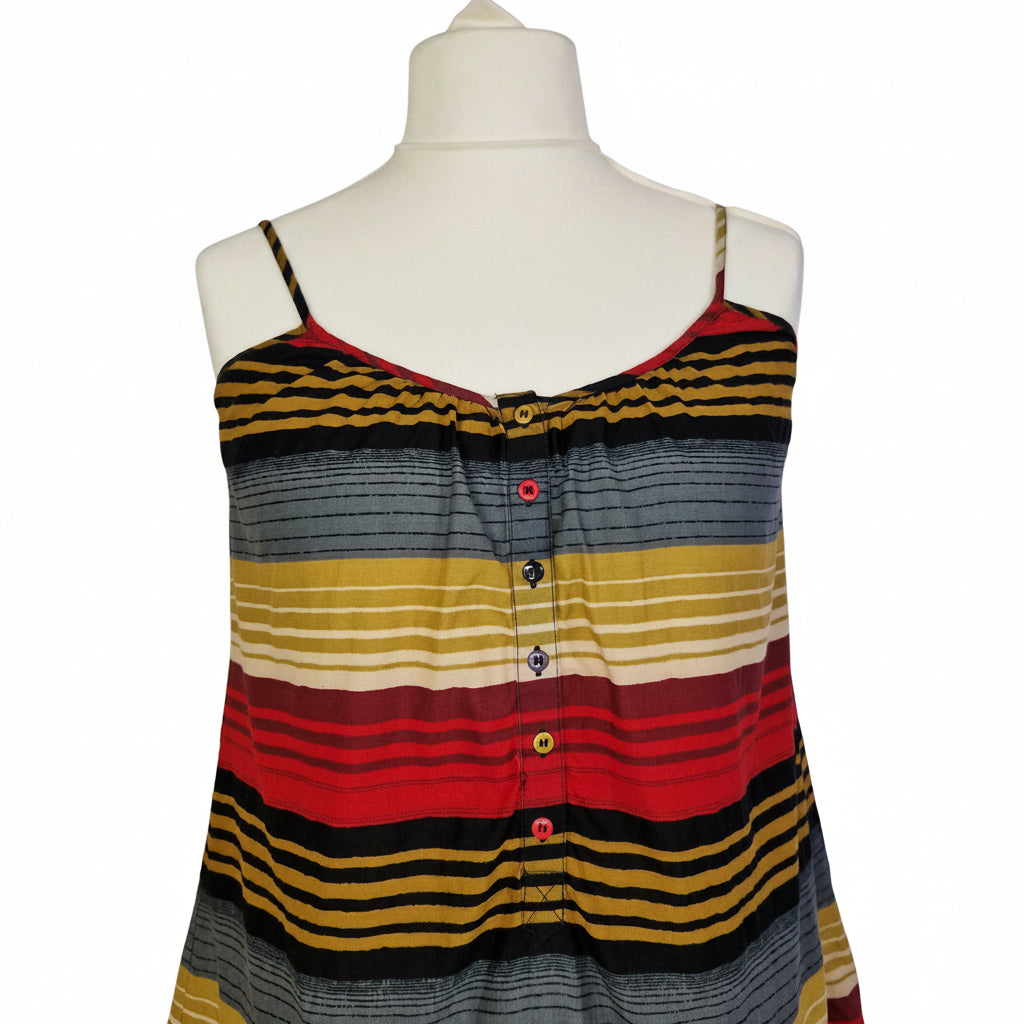 French Connection sleeveless cami top featuring a multicolour striped pattern and button front.