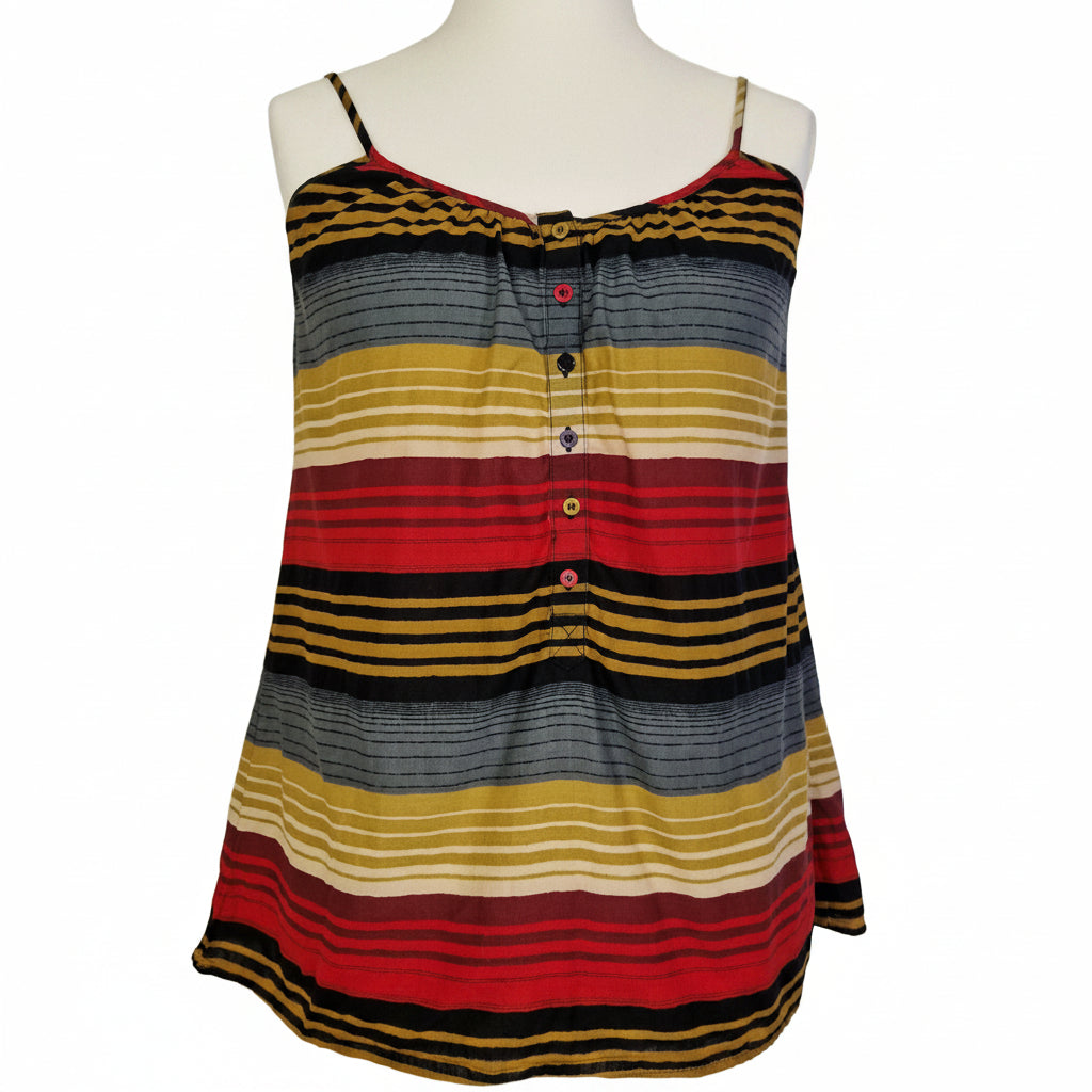 French Connection sleeveless cami top featuring a multicolour striped pattern and button front.
