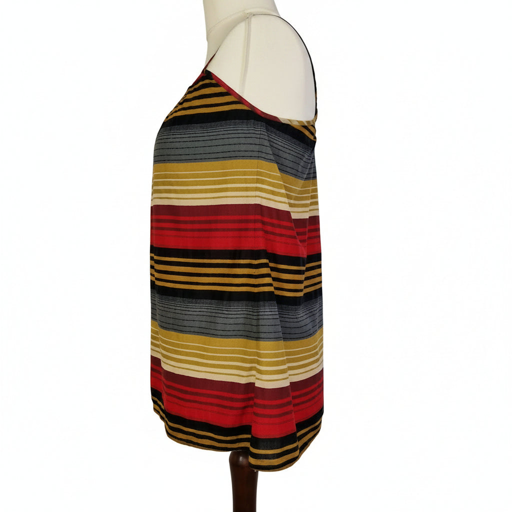 A sleeveless French Connection cami top featuring a multicolour horizontal striped pattern.