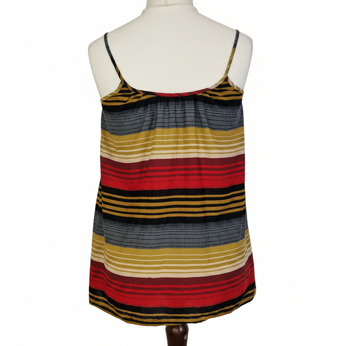 A French Connection sleeveless cami top featuring a multicoloured horizontal striped pattern.
