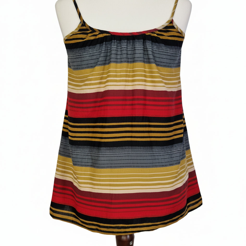 A sleeveless French Connection cami top featuring a multicoloured horizontal striped pattern.