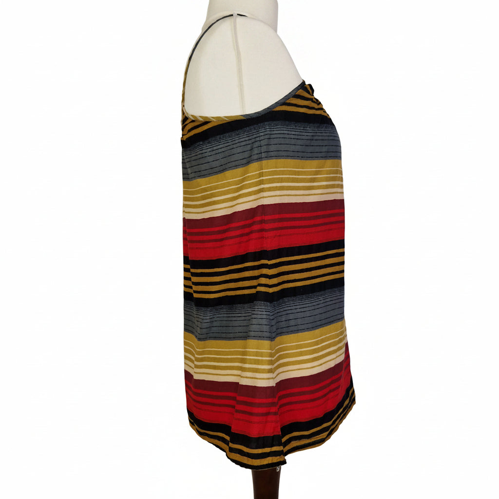 French Connection sleeveless cami top in a multicolour striped cotton fabric.
