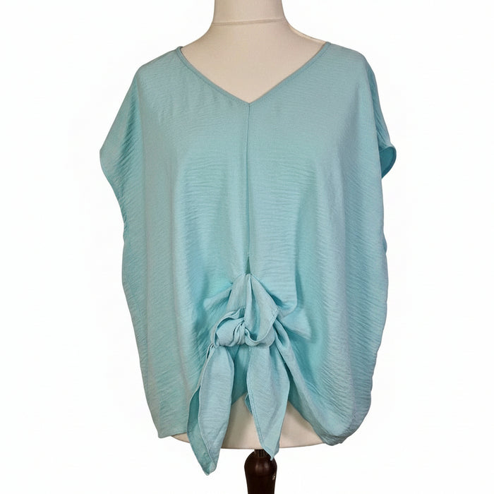 A light blue George women's blouse featuring a V-neckline and a tie-front detail.
