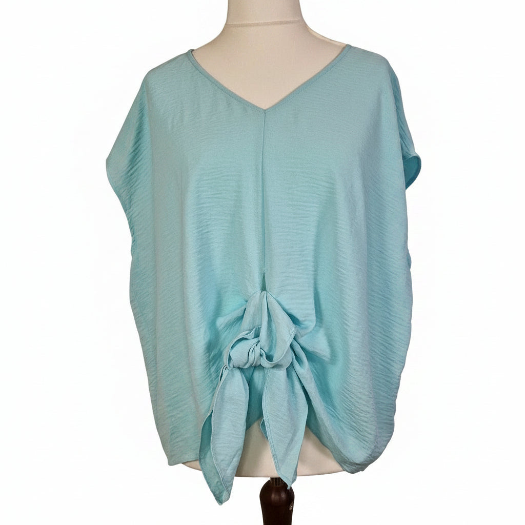 A light blue George women's blouse featuring a V-neckline and a tie-front detail.