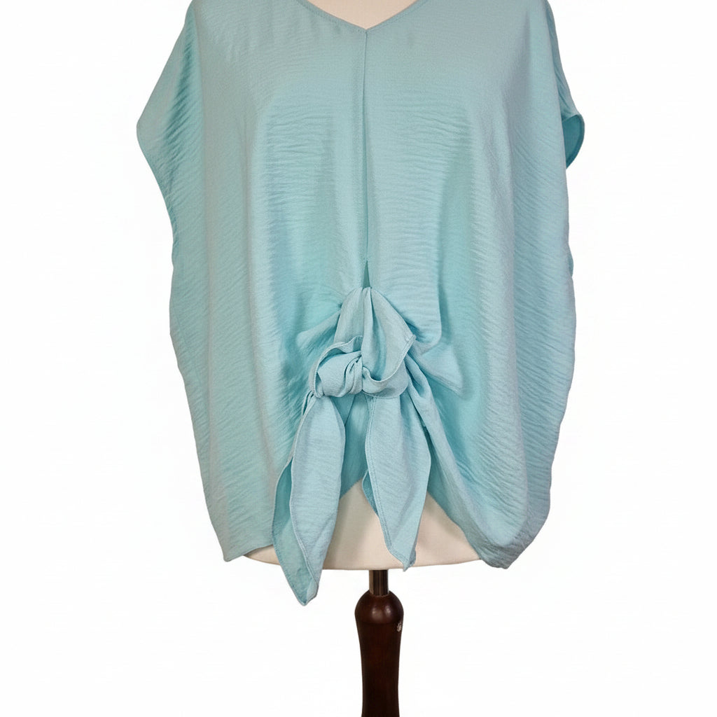 A light blue George women's blouse featuring a V-neck and a tie-front detail.