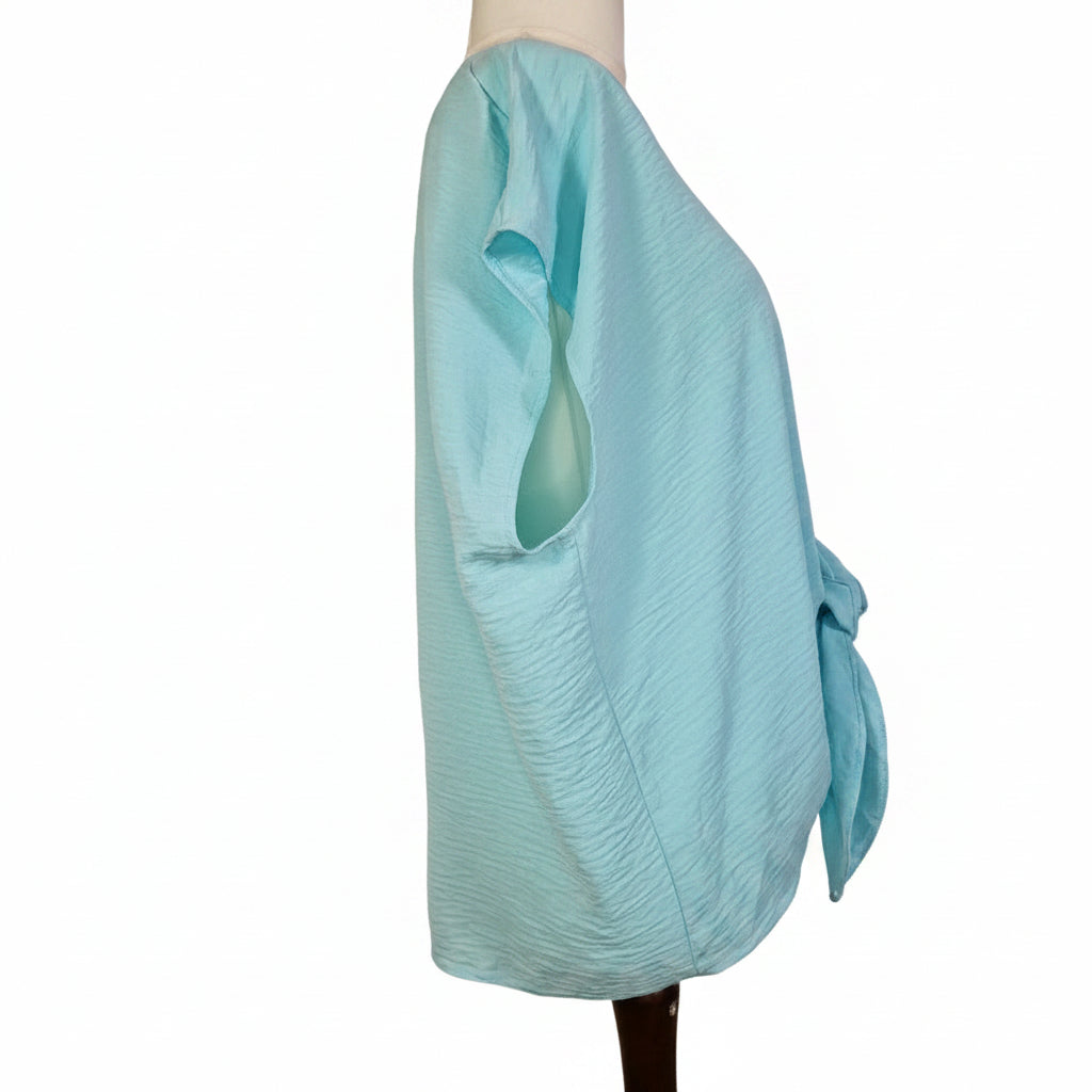 A light blue George womens blouse with a tie-front detail and short sleeves.
