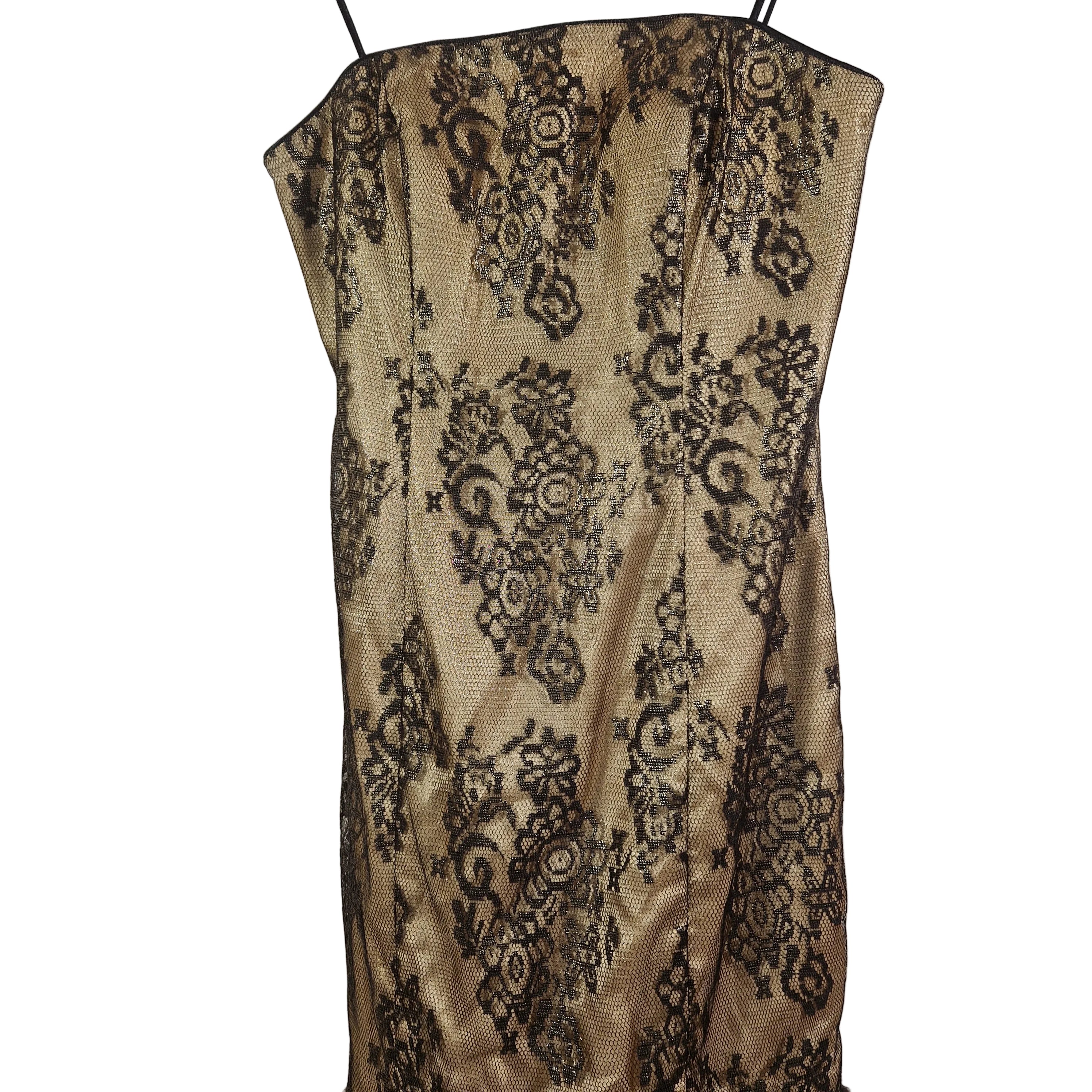Beige dress with black lace detailing on a white background