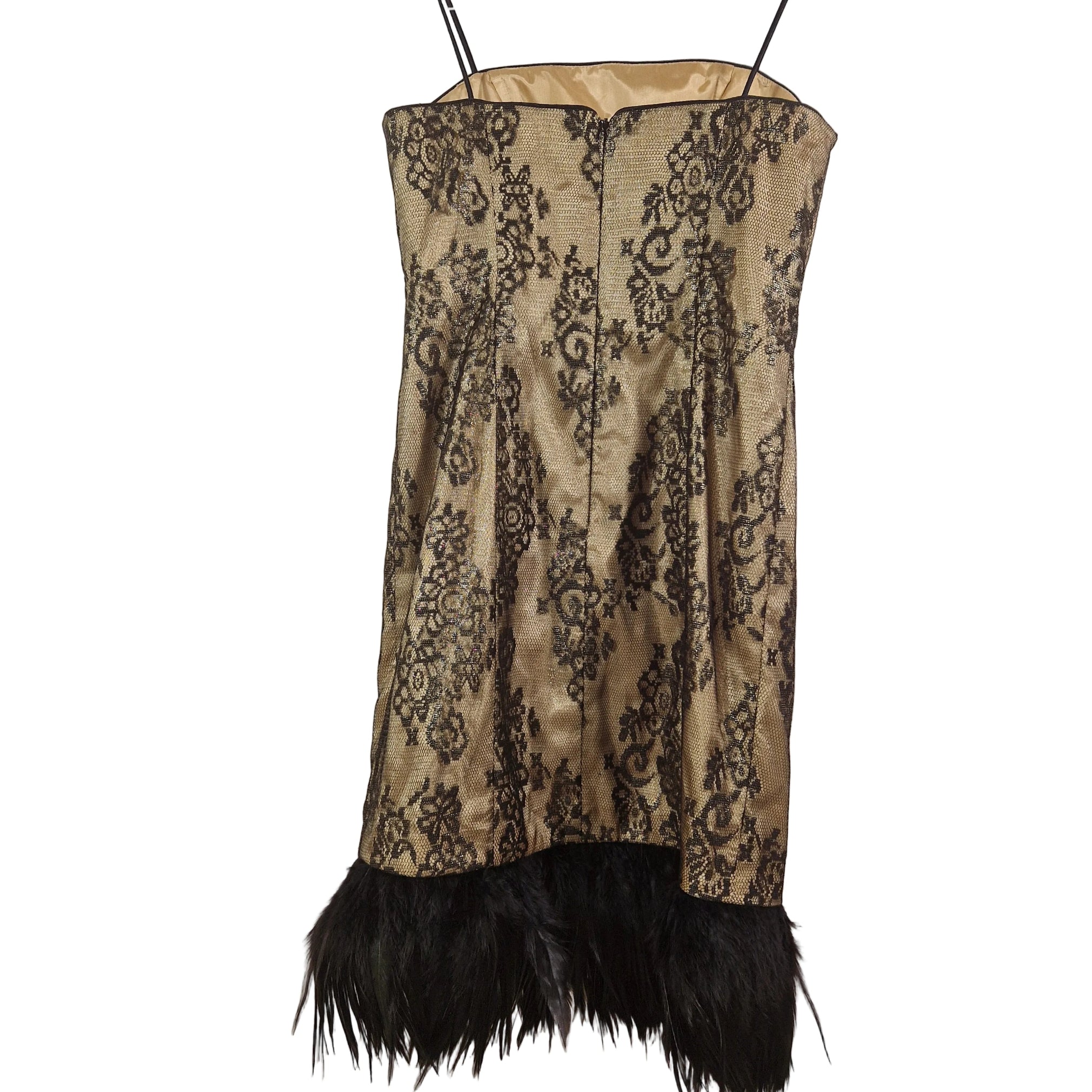 Dress with black lace and feather details on a white background