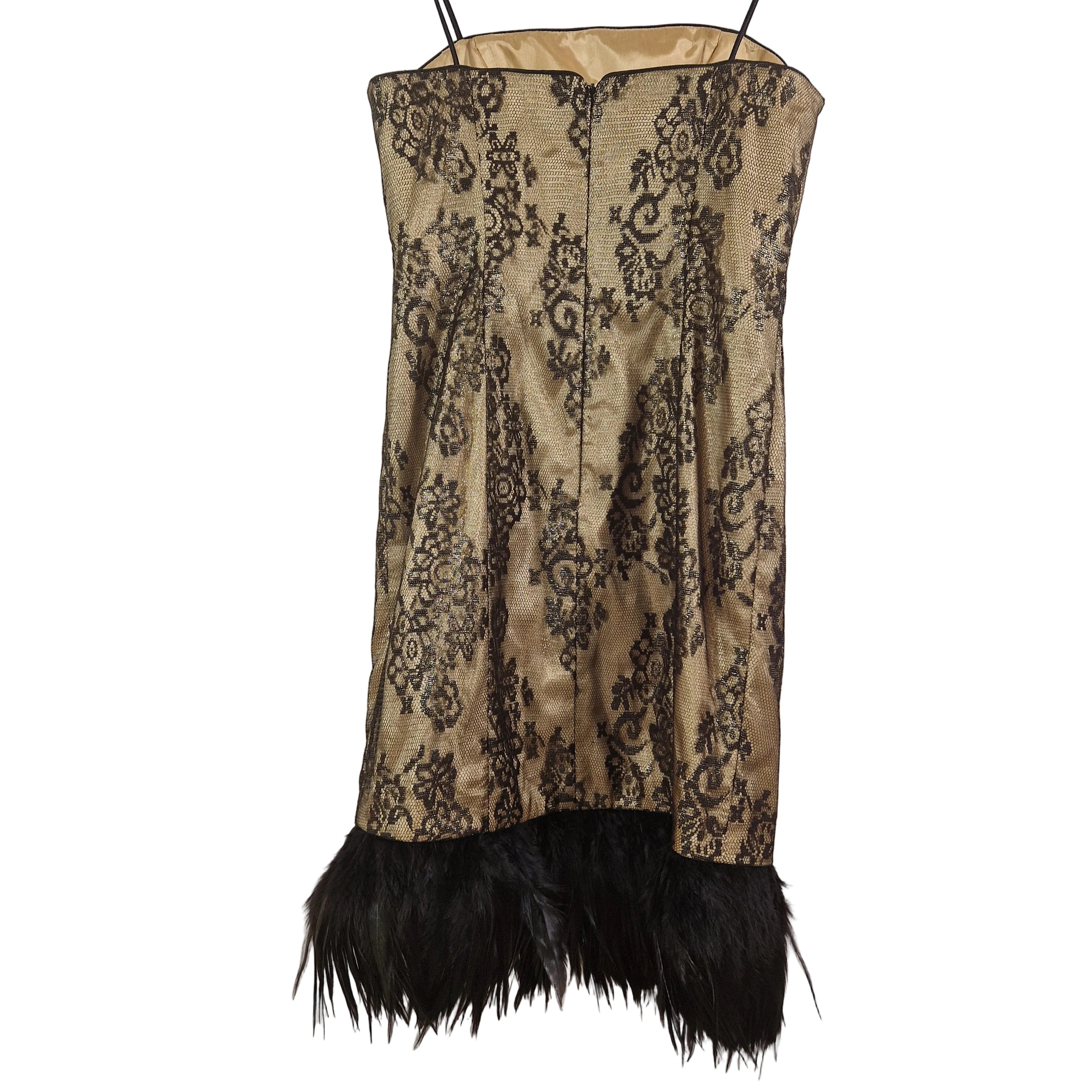 Lace dress with black feathered hem on a white background