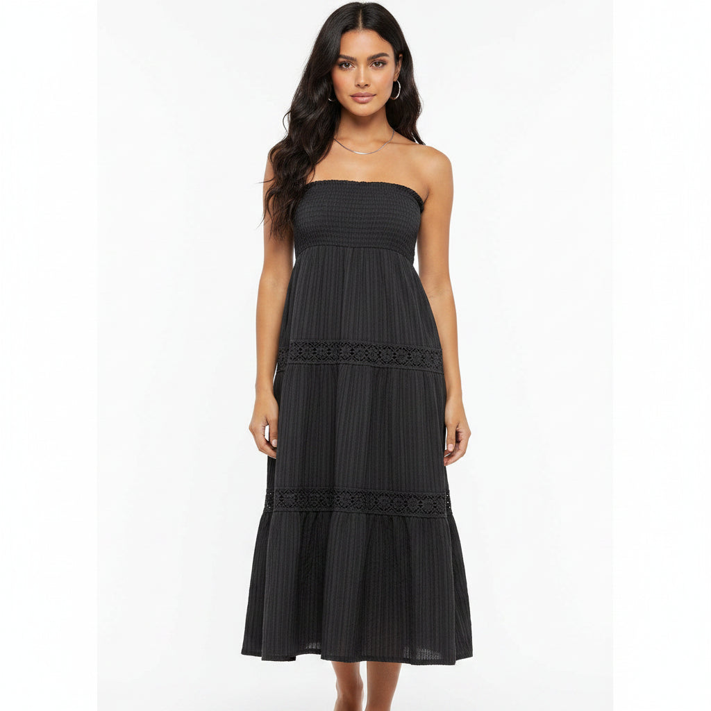 Shein black sleeveless pull-on dress with smocked bodice and lace panels, midi-length, polyester, size L