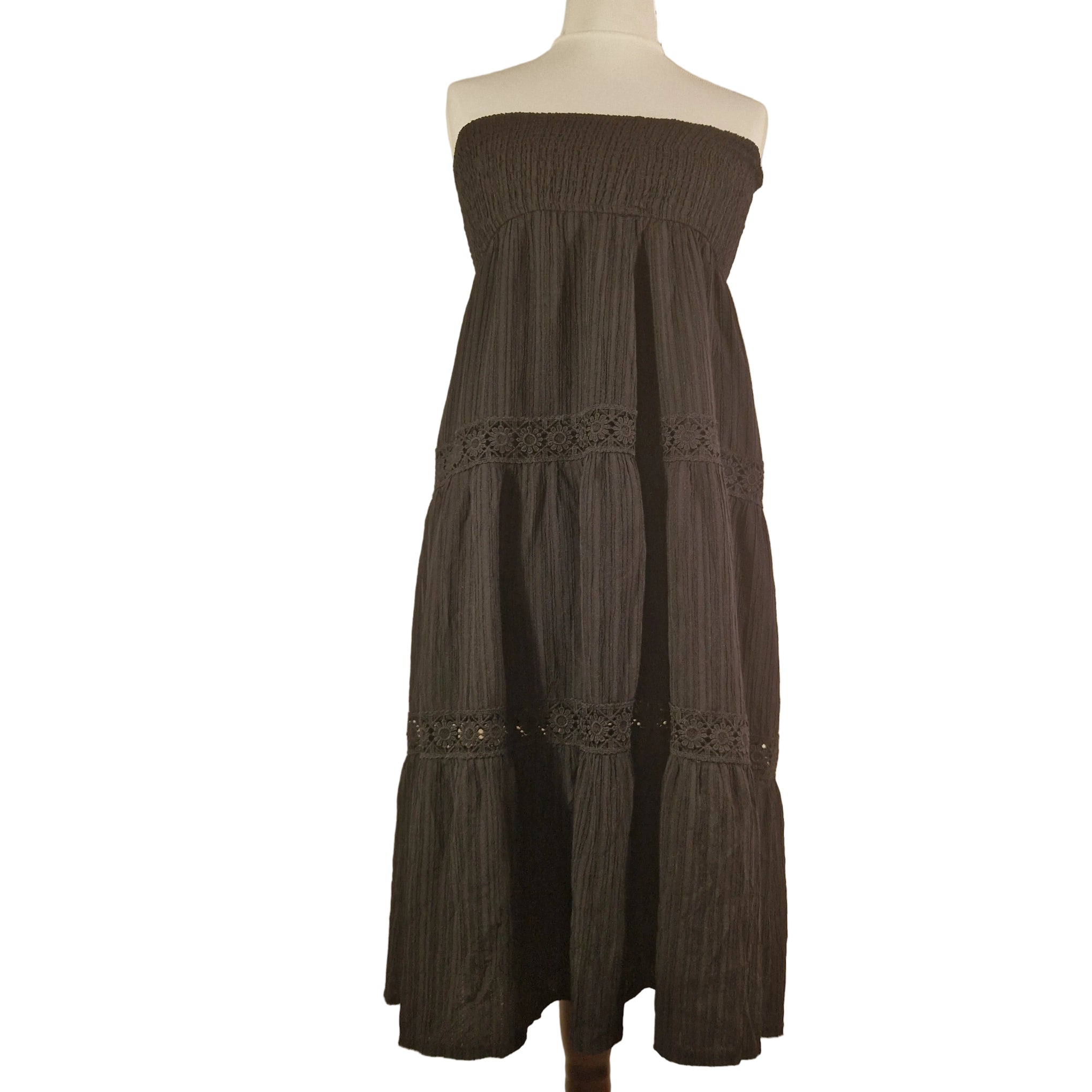 Black sleeveless smocked-bodice dress by Shein with lace-trimmed hem, lightweight polyester, pull-on style.
