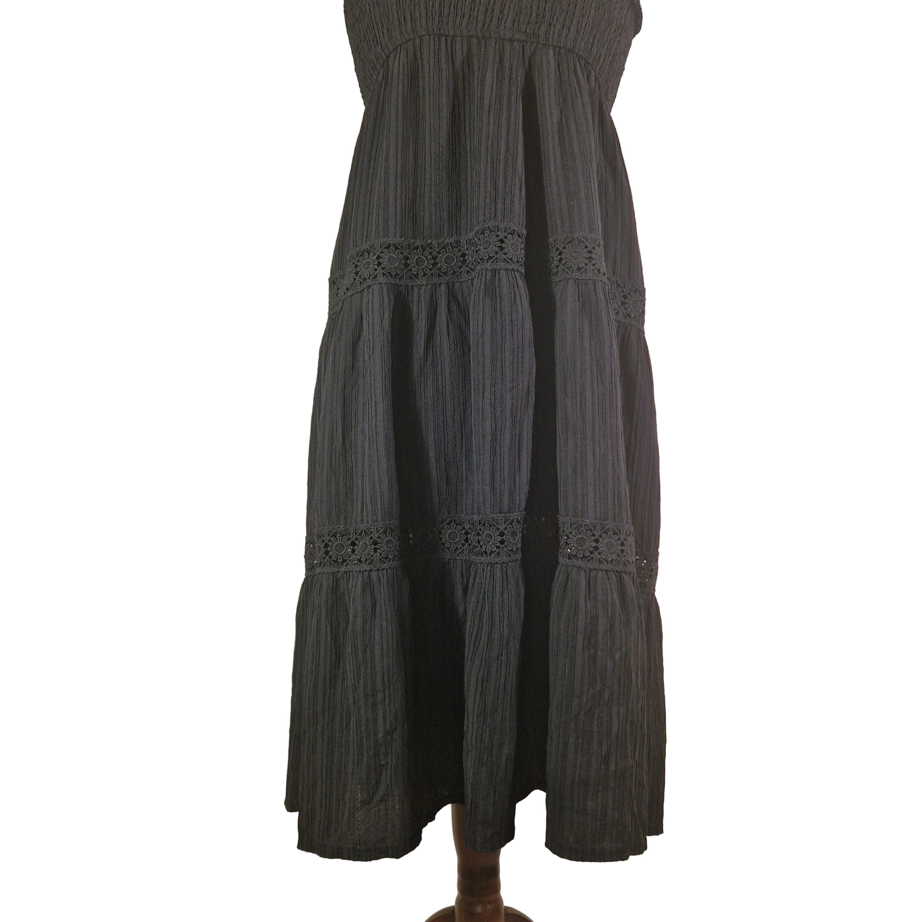 Black Shein sleeveless casual dress with lace-trimmed hem, lightweight polyester, pull-on style, size L