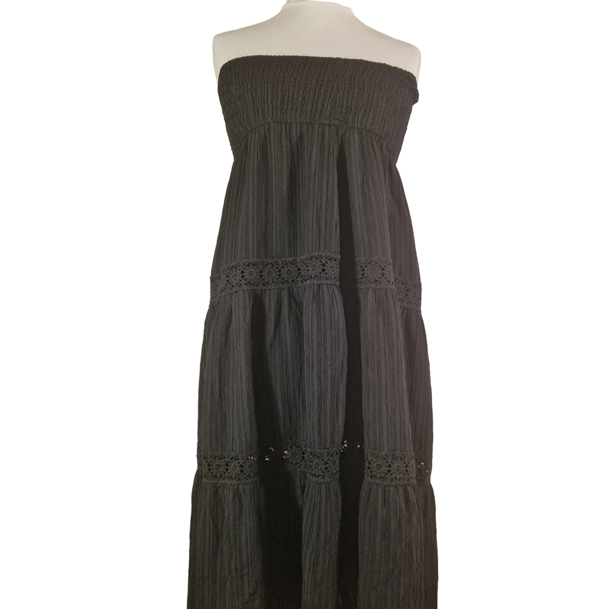 Shein black sleeveless casual dress, preloved; lightweight polyester, pull-on, size L, smocked bodice with lace hem.