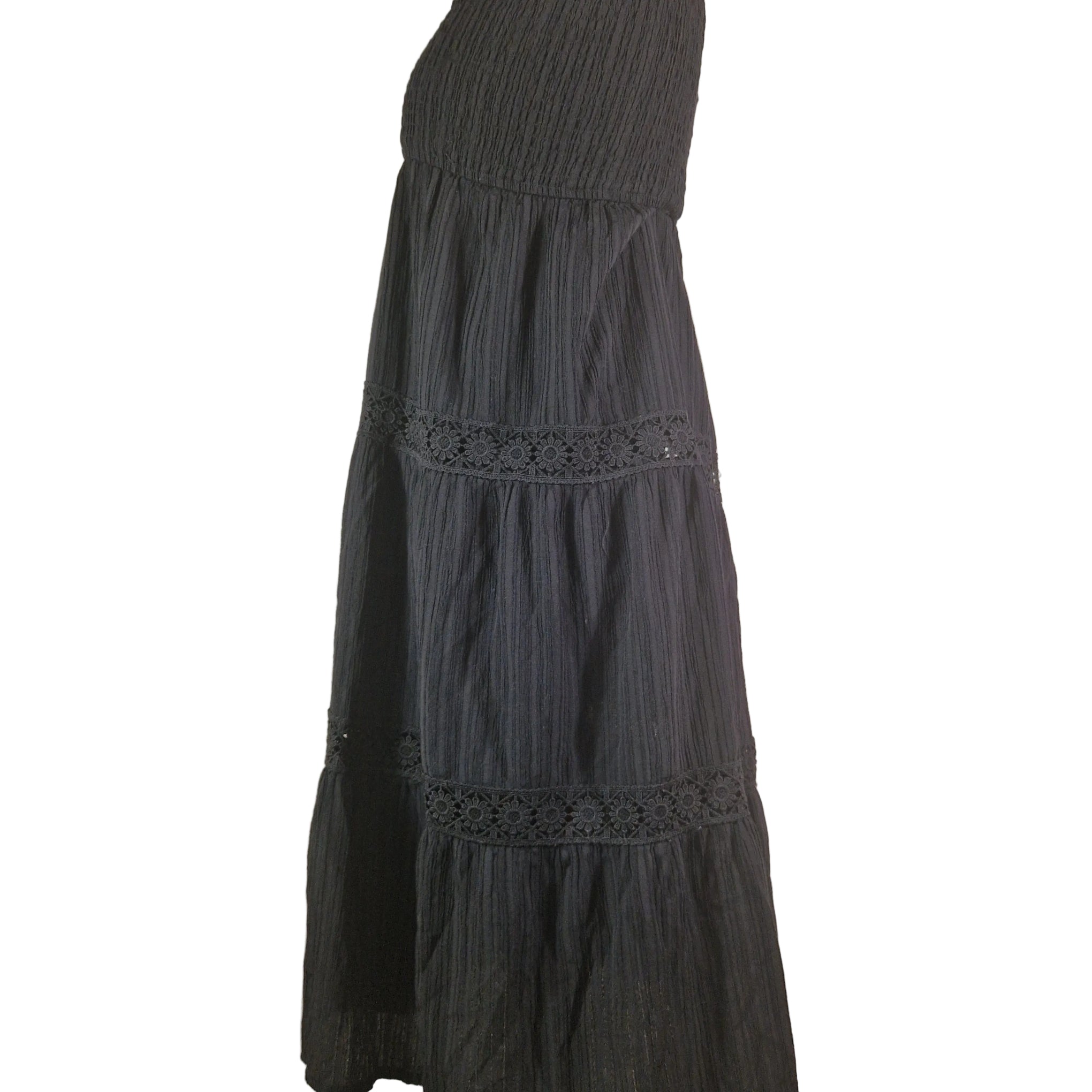 Black sleeveless Shein dress with smocked bodice, tiered skirt, lace trim; lightweight polyester, pull-on, size L