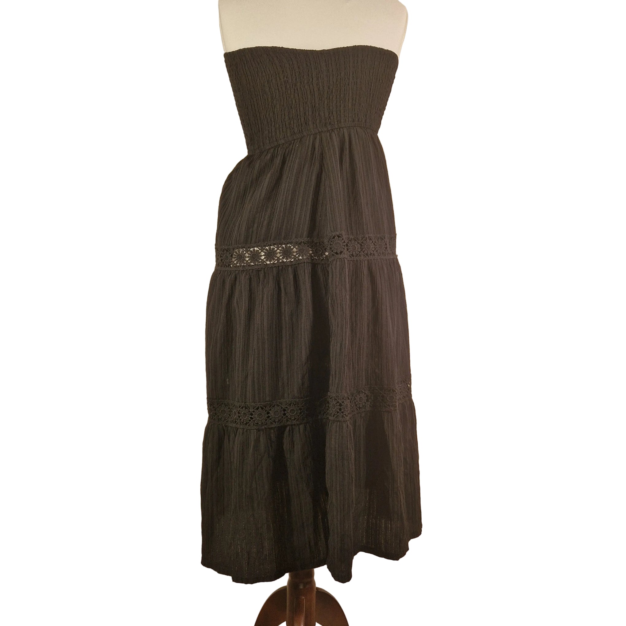 Black sleeveless lightweight polyester dress with smocked waist and lace hem, pull-on, size L