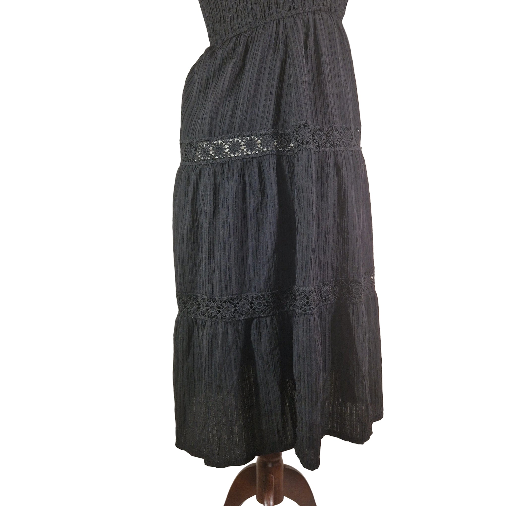 Black sleeveless Shein dress, lightweight polyester with lace-trim hem, pull-on style, size L
