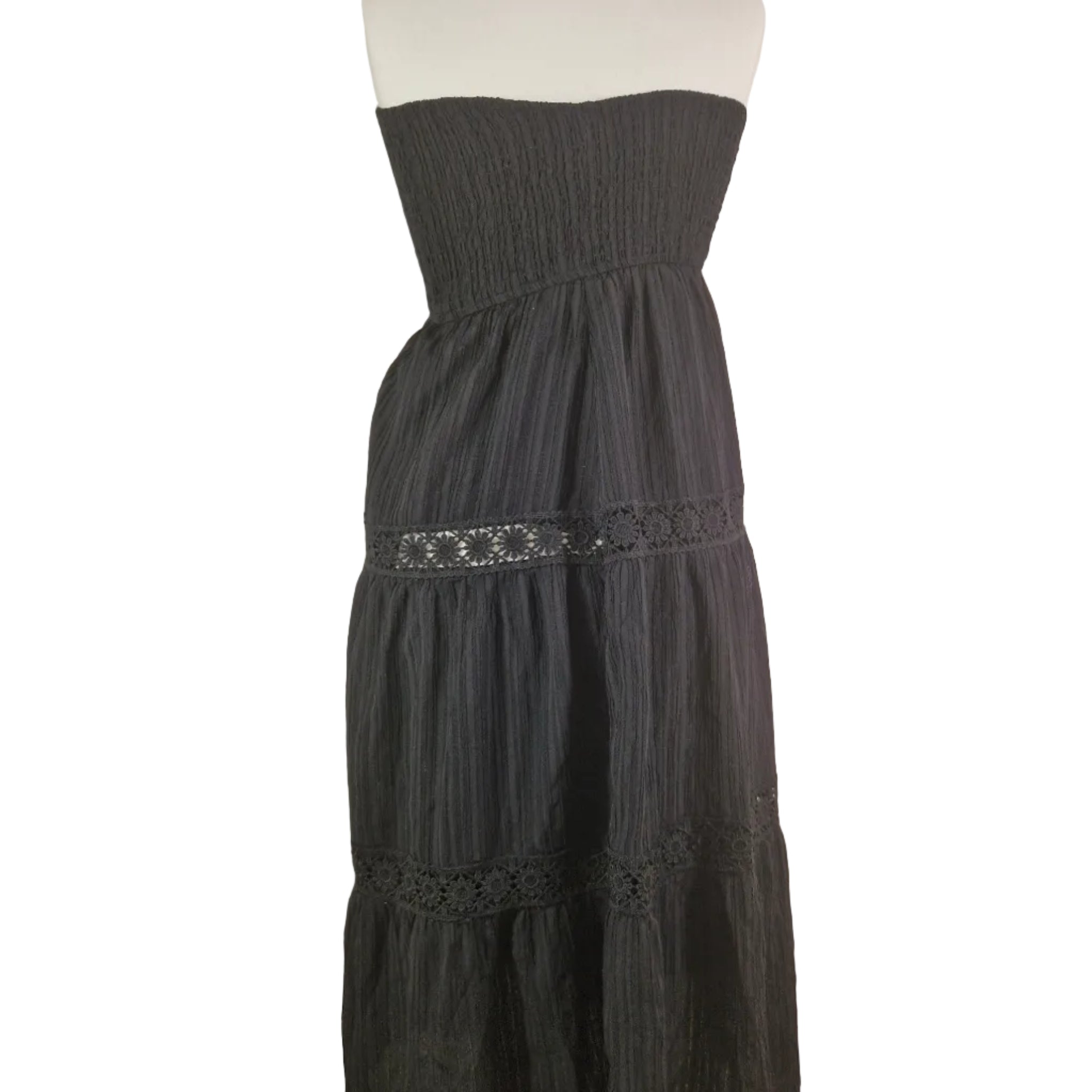 Shein black sleeveless casual dress, preloved, lightweight polyester, pull-on with smocked waist and lace hem, Size L