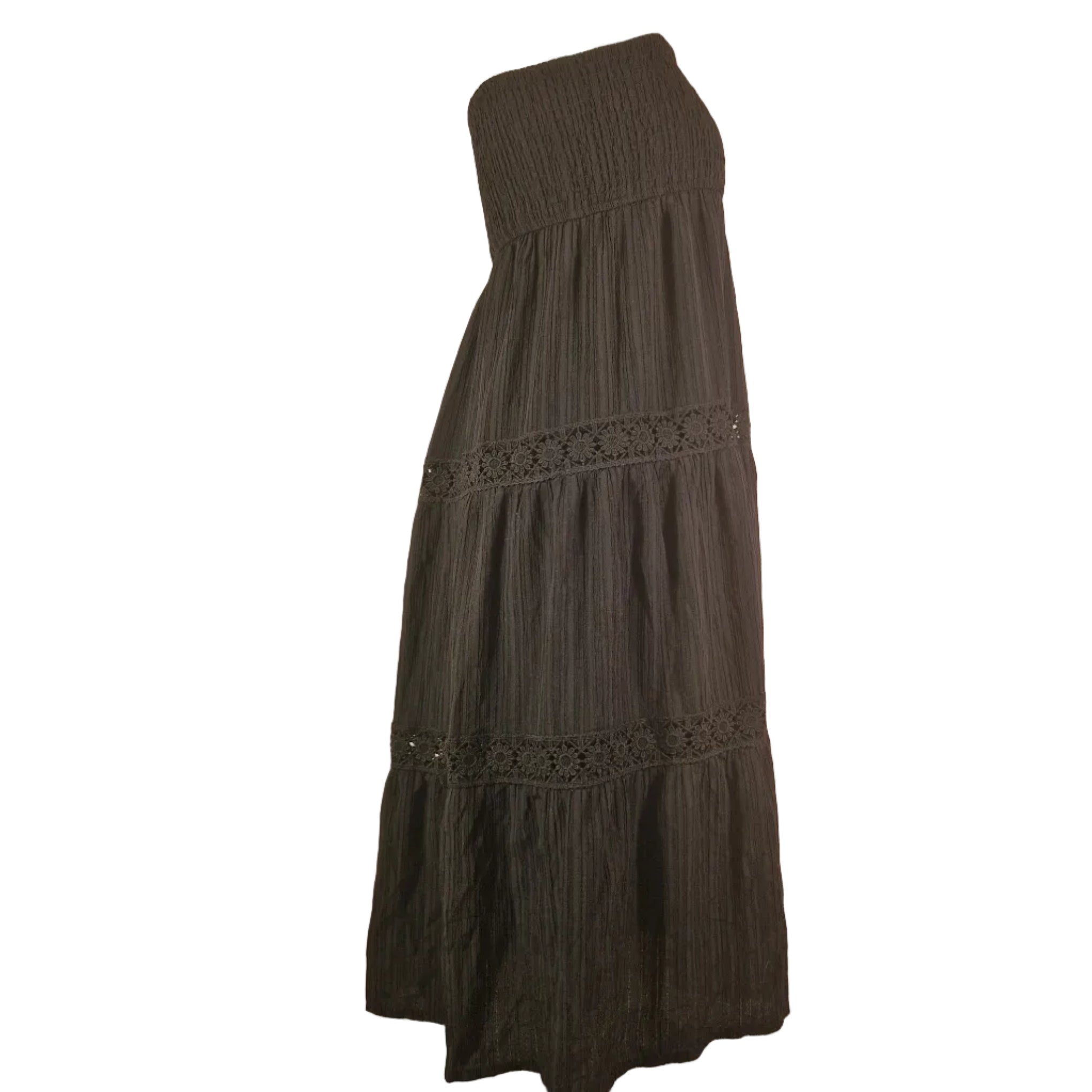 Shein black sleeveless casual dress, lightweight polyester, pull-on style, lace trim at hem, size L.