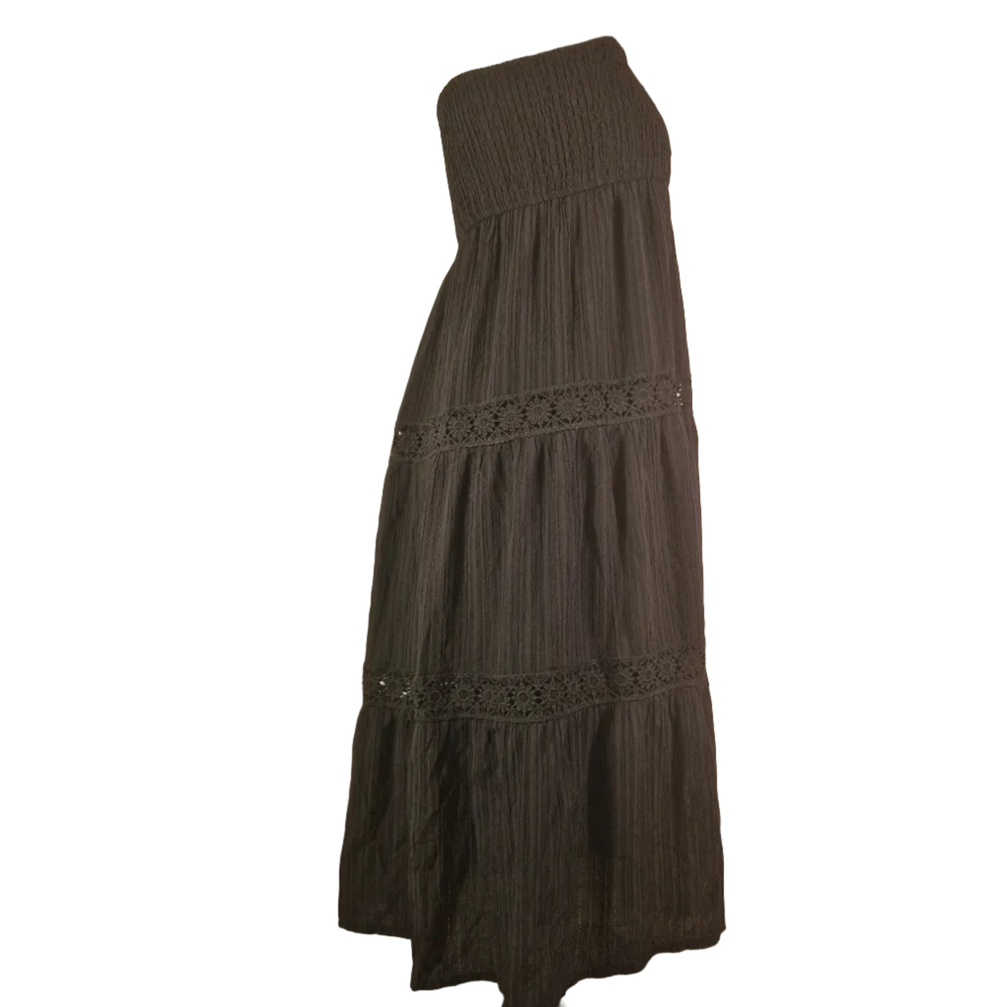 Shein brown strapless maxi dress with smocked bodice and crochet lace hem