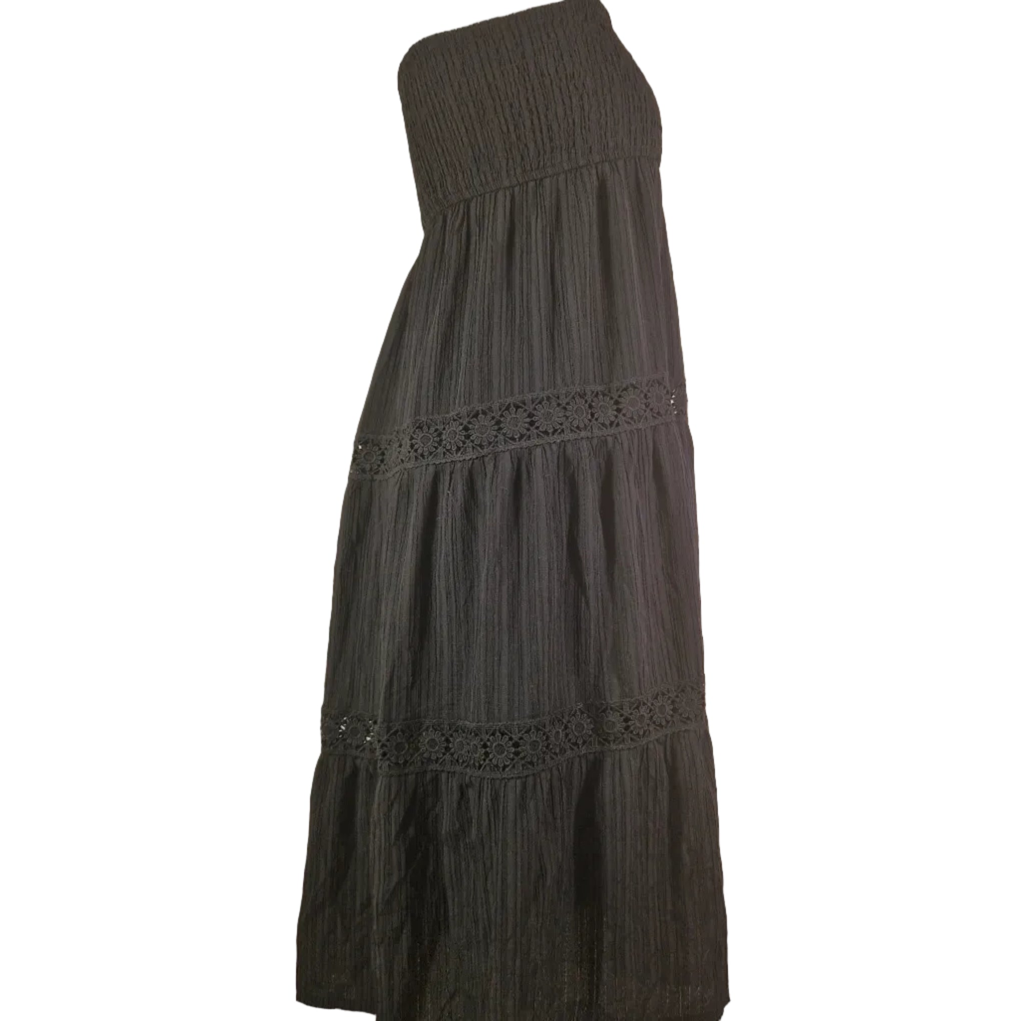 Shein black sleeveless dress in lightweight polyester with shirred waist and lace trim hem, pull-on, size L.