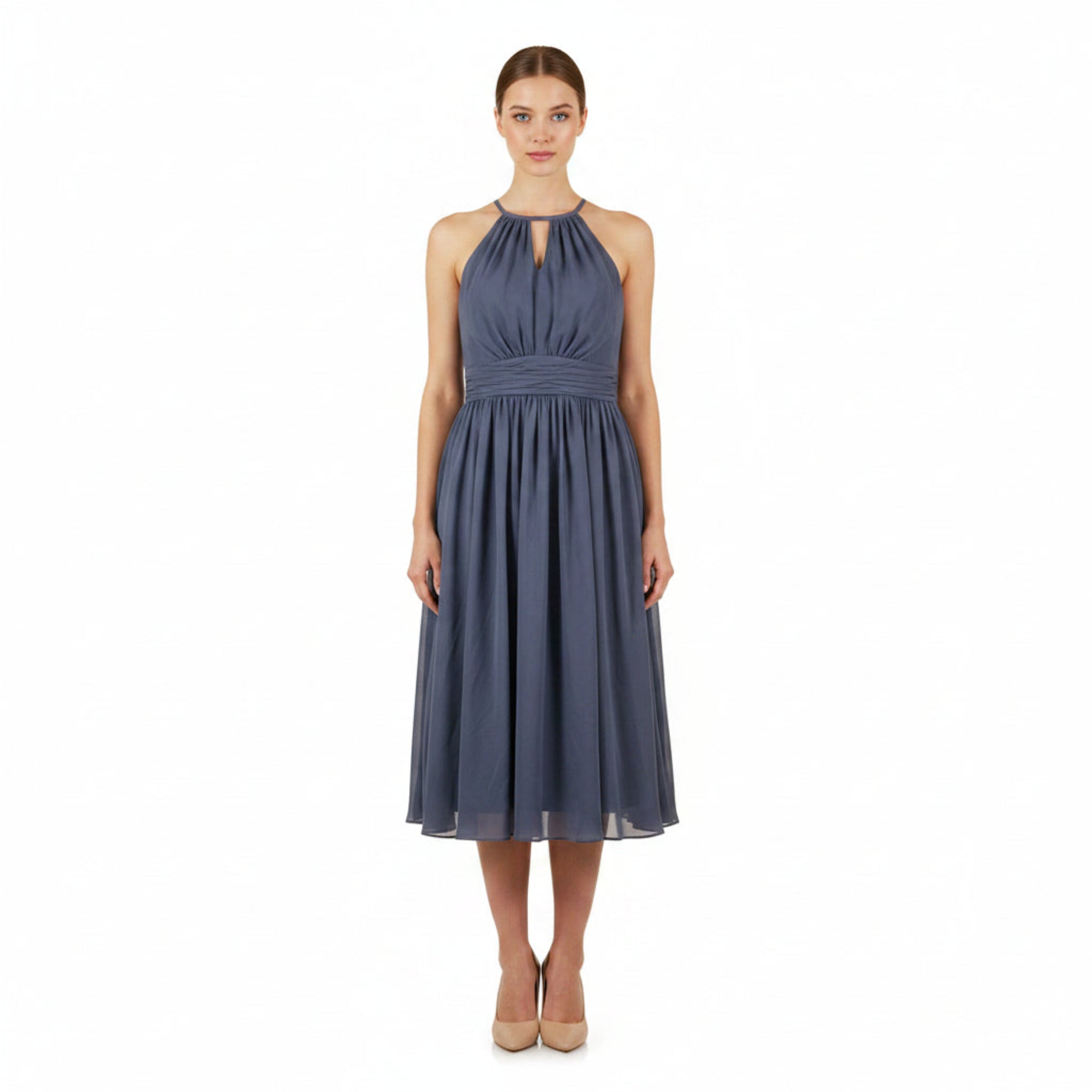 Navy blue dress on a mannequin against a white background