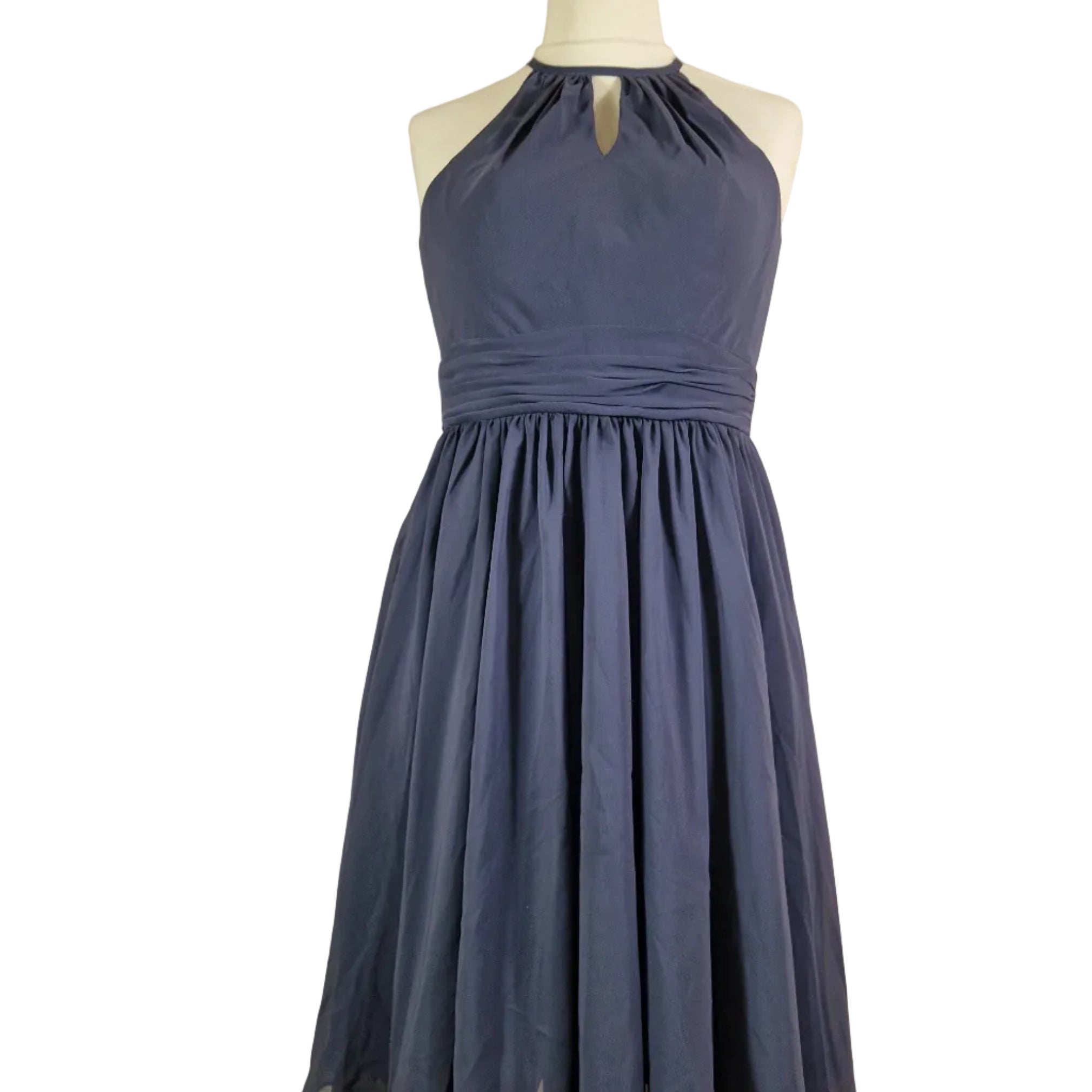 Navy blue dress on a mannequin against a white background