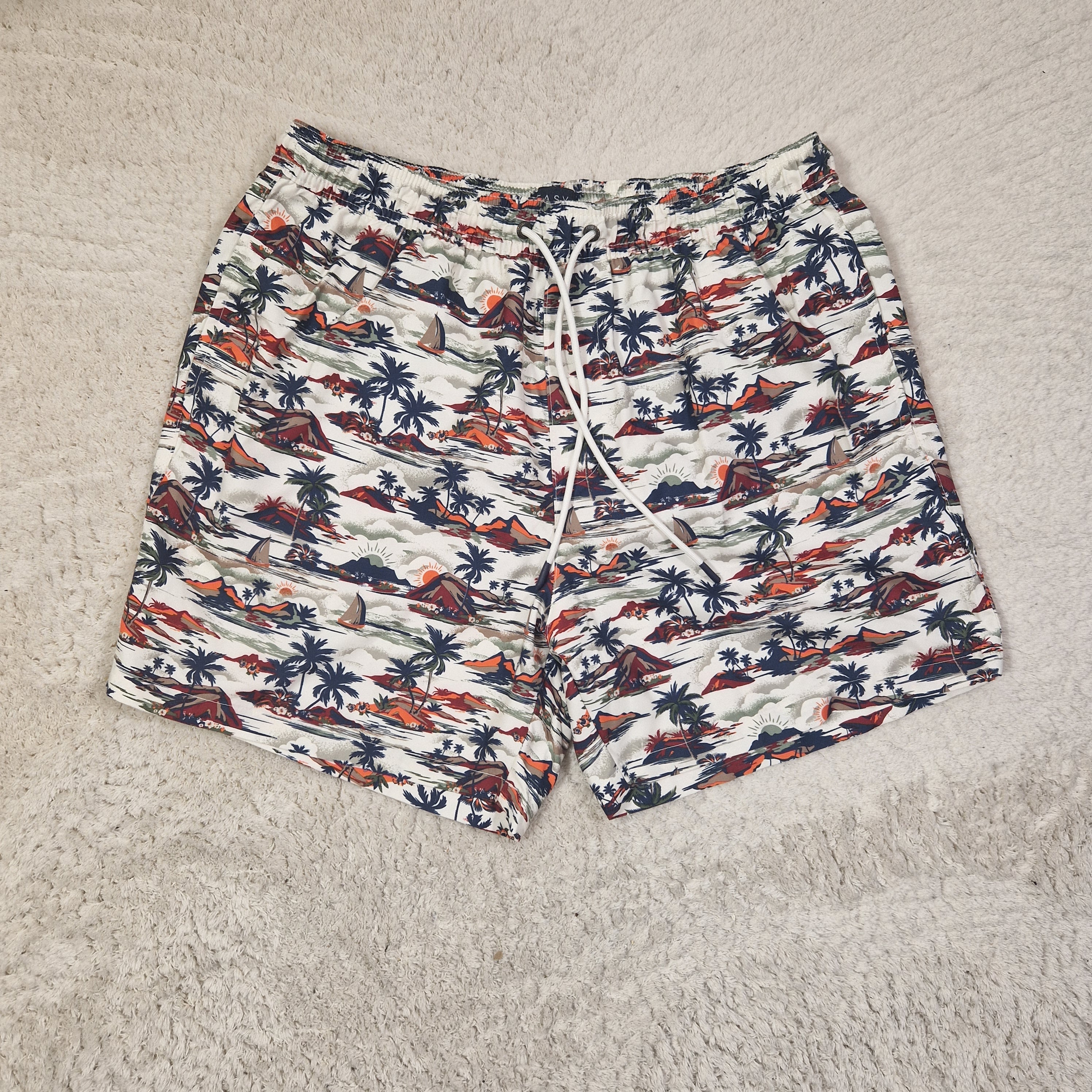 Men's Easy Swim Shorts Tropical Print Blue Polyester UK L