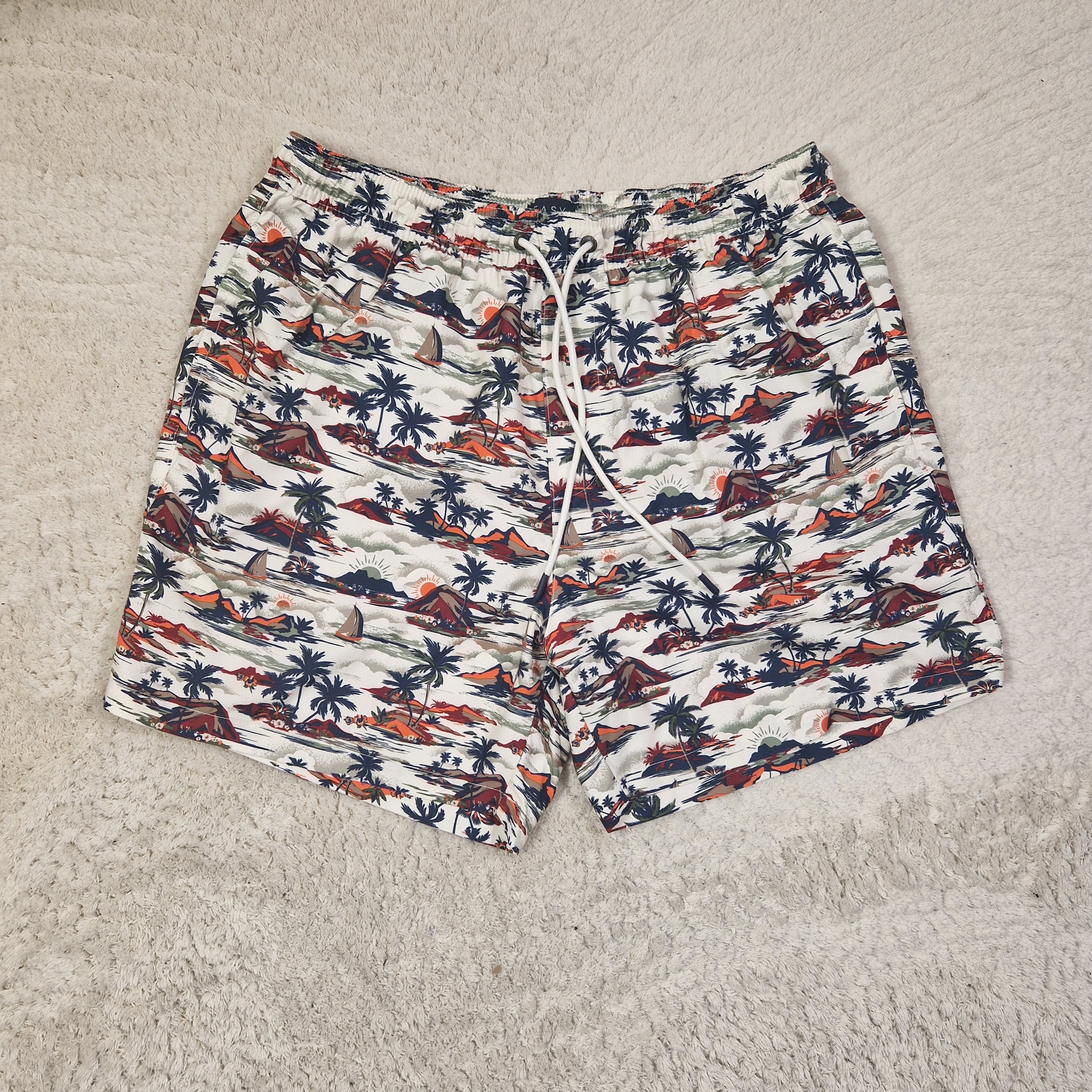 Men's Easy Swim Shorts Tropical Print Blue Polyester UK L