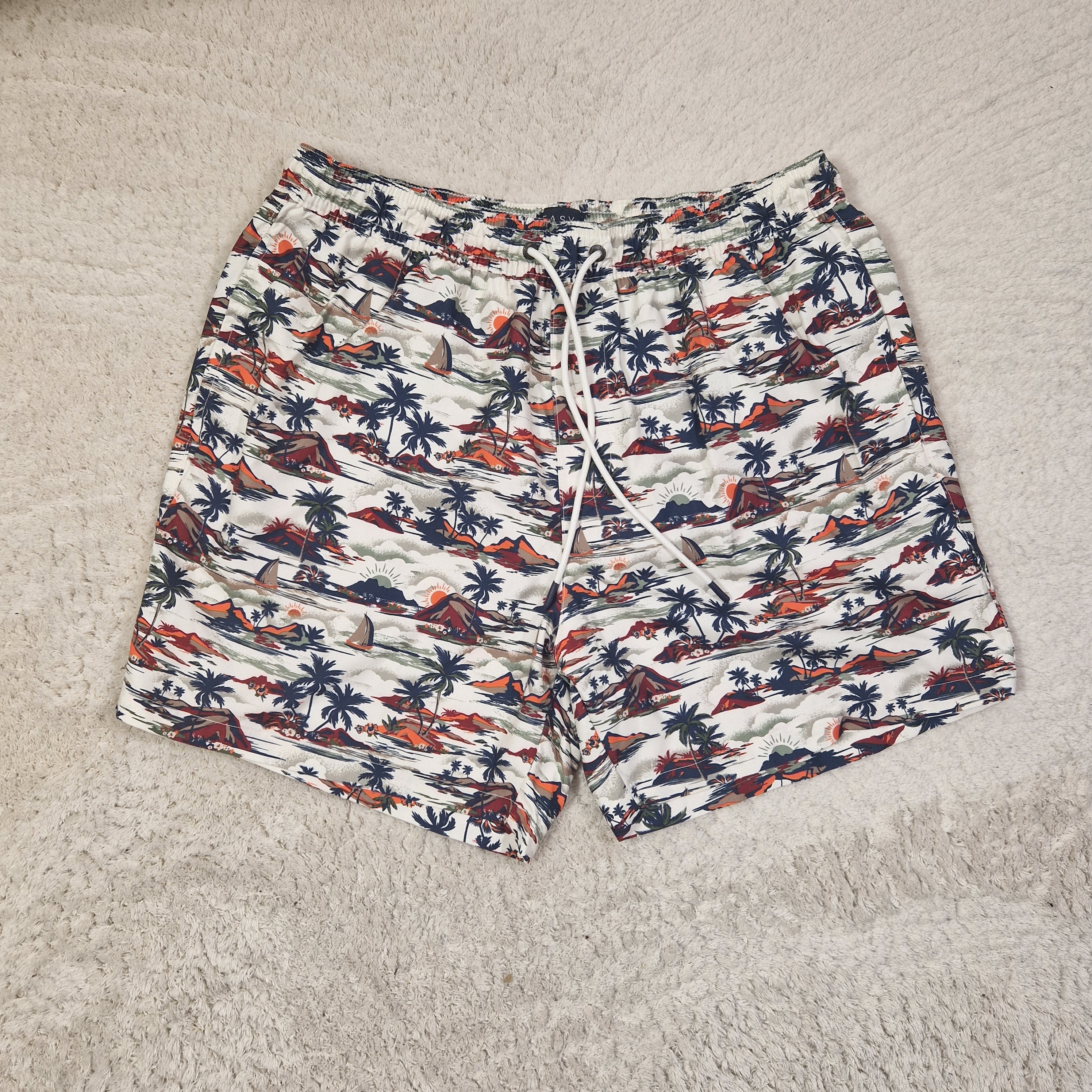 Men's Easy Swim Shorts Tropical Print Blue Polyester UK L