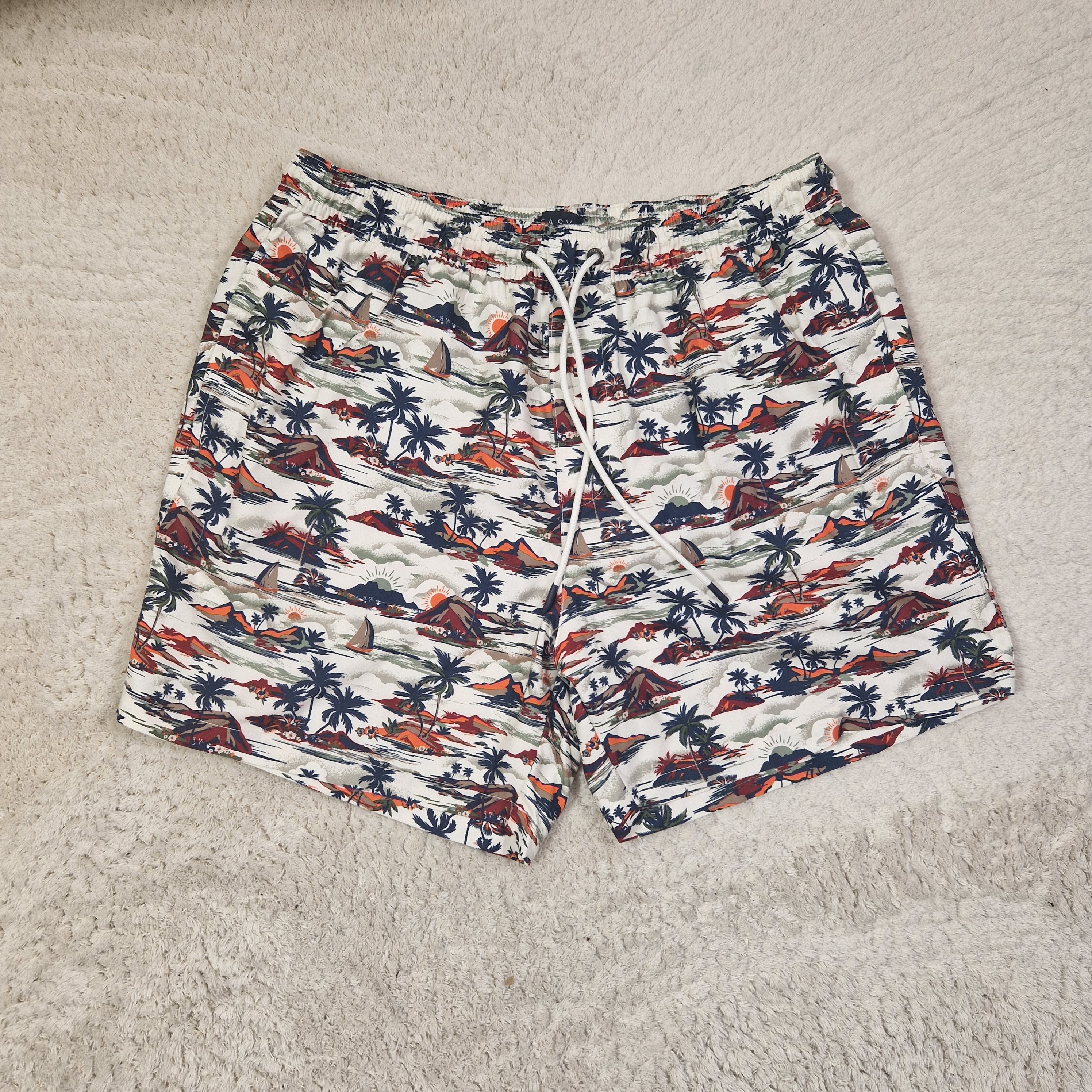 Men's Easy Swim Shorts Tropical Print Blue Polyester UK L