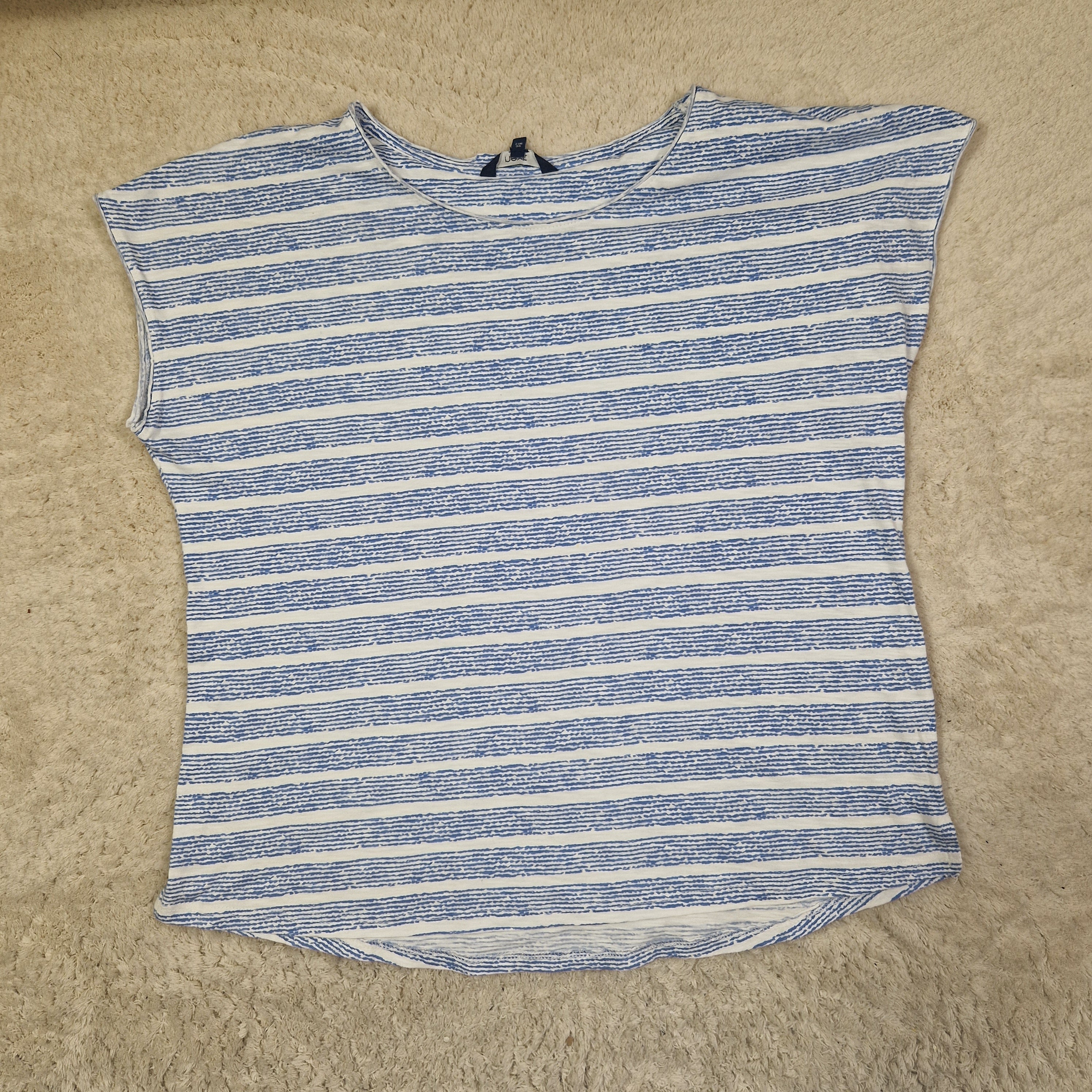 Blue and white striped sleeveless top on a beige carpet