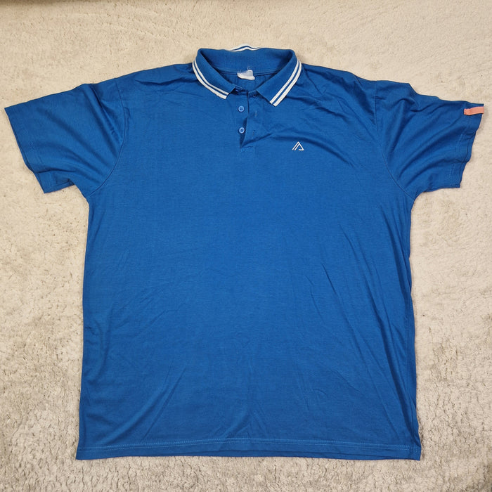 Blue shirt with white trim on a beige carpet