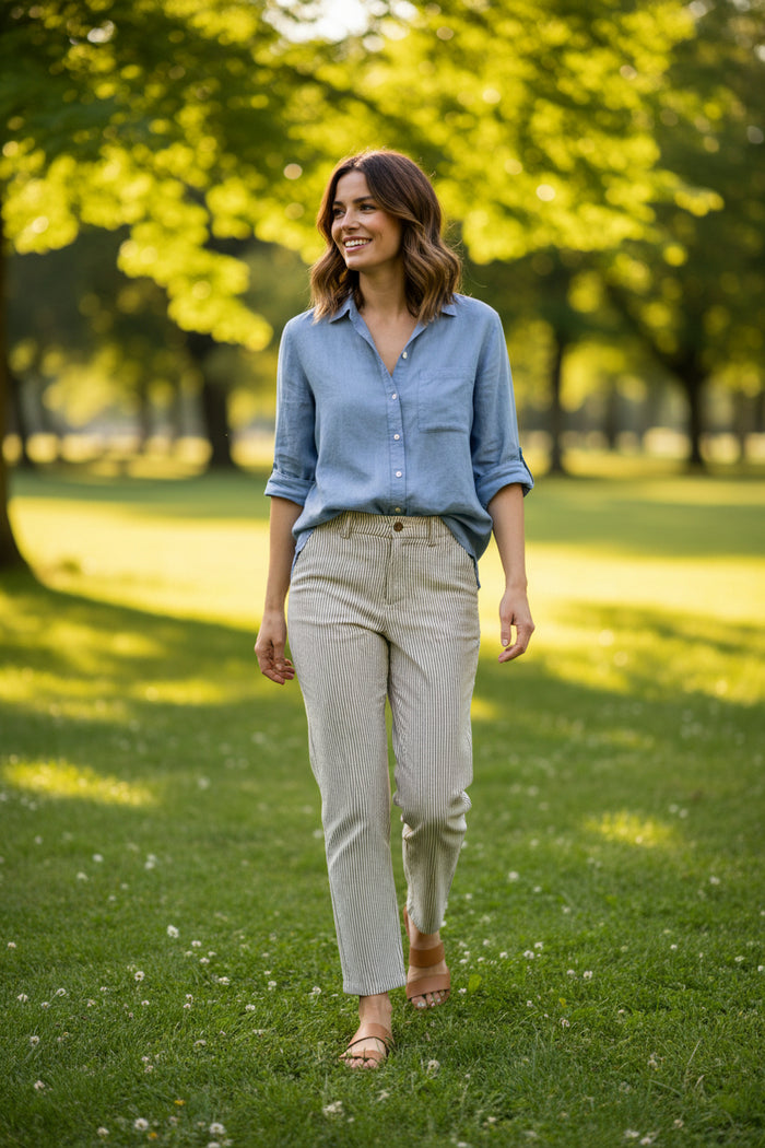 Folded light-colored pants on a plain background